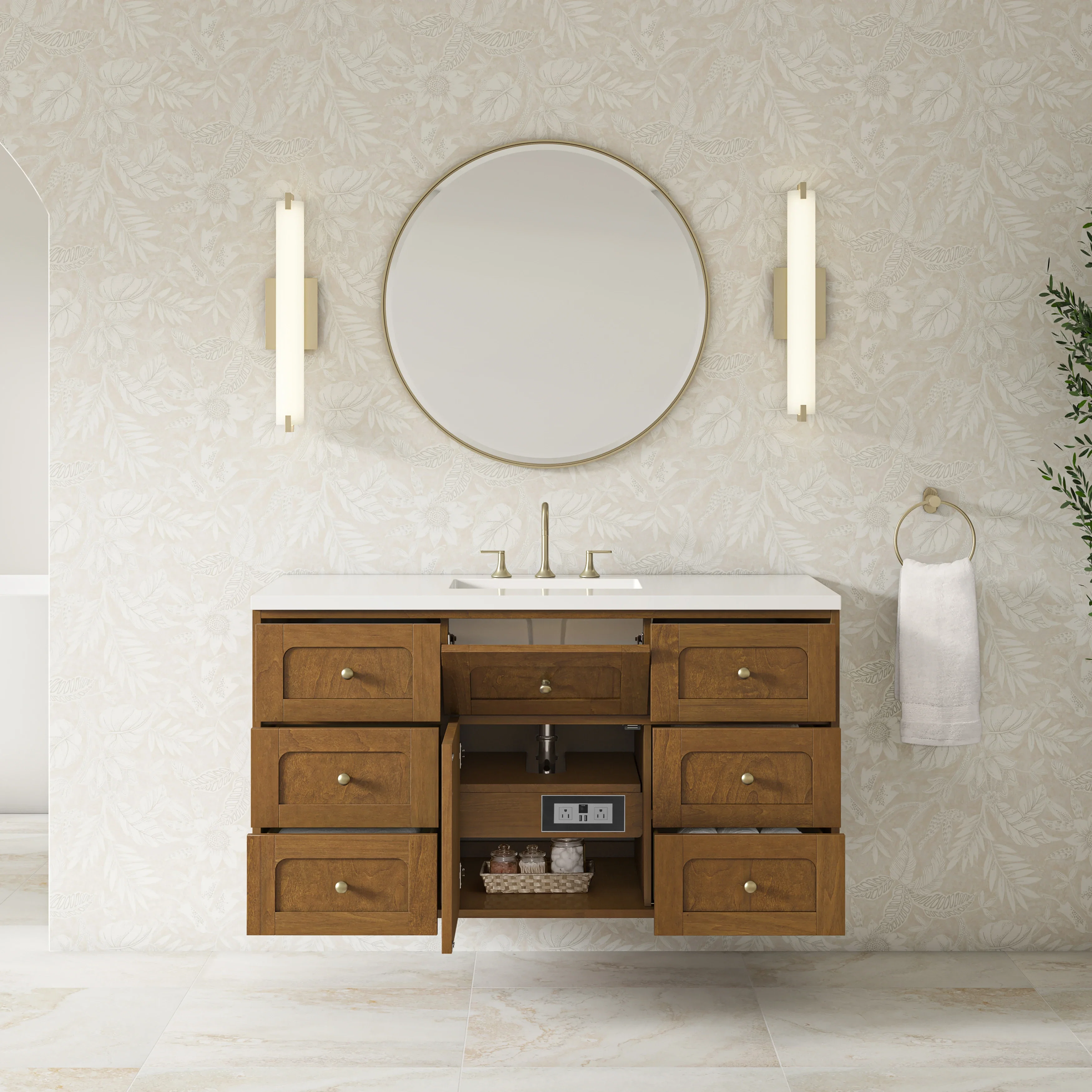 Laurent 48" Single Vanity, Honey Oak w/ 3 CM White Zeus Silestone Top