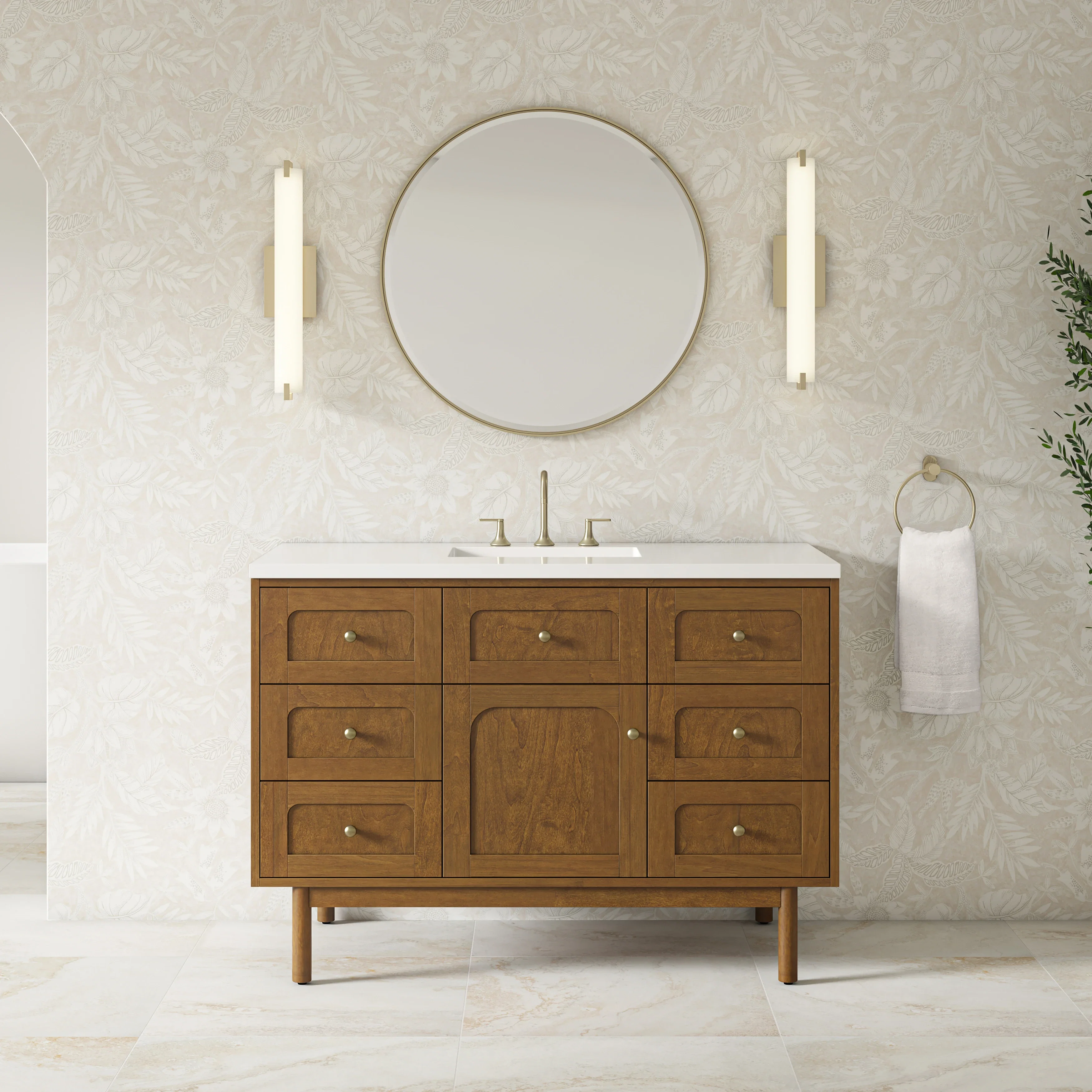 Laurent 48" Single Vanity, Honey Oak w/ 3 CM White Zeus Silestone Top