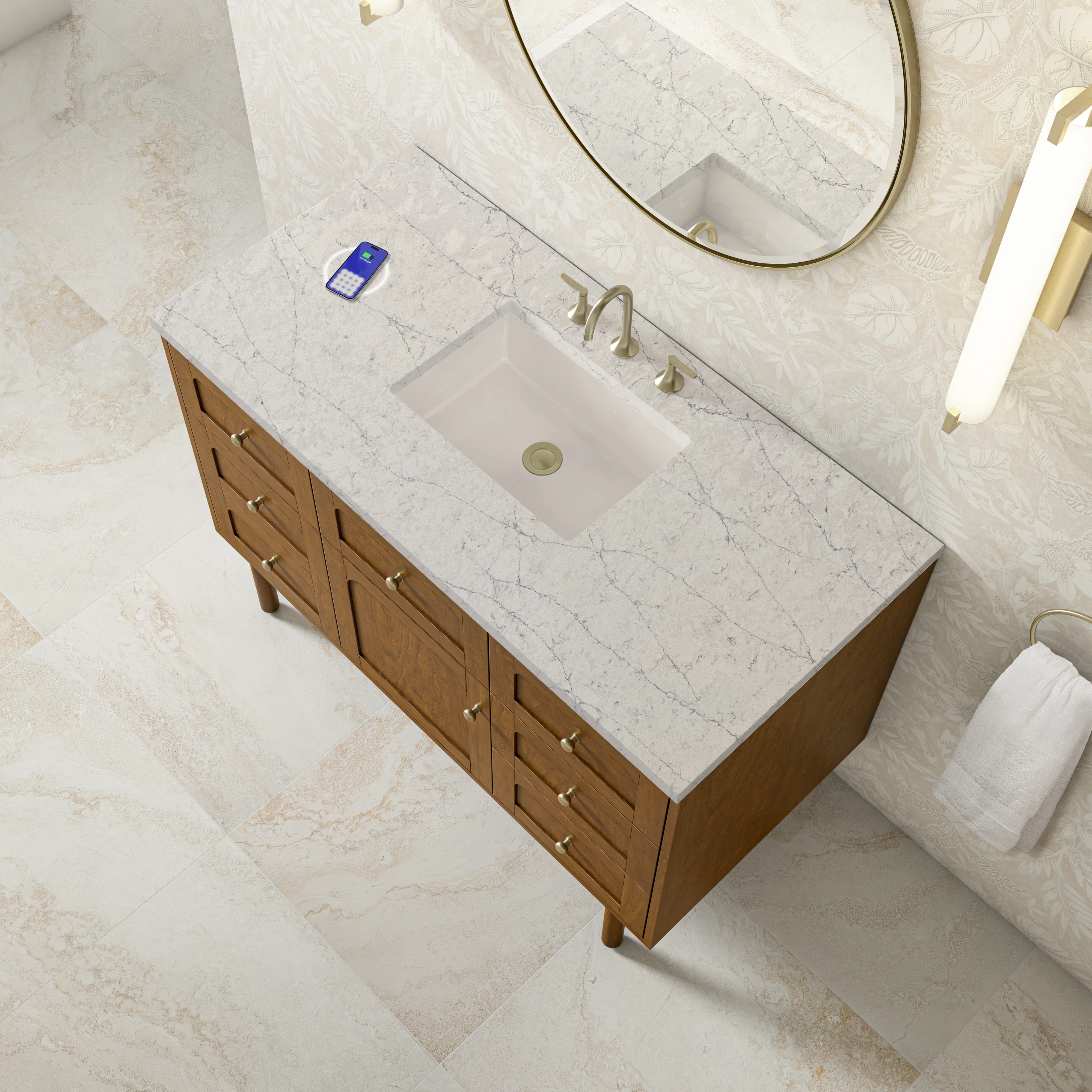Laurent 48" Single Vanity, Honey Oak w/ 3 CM Eternal Jasmine Pearl Silestone Top w/FreePower Wireless Charger