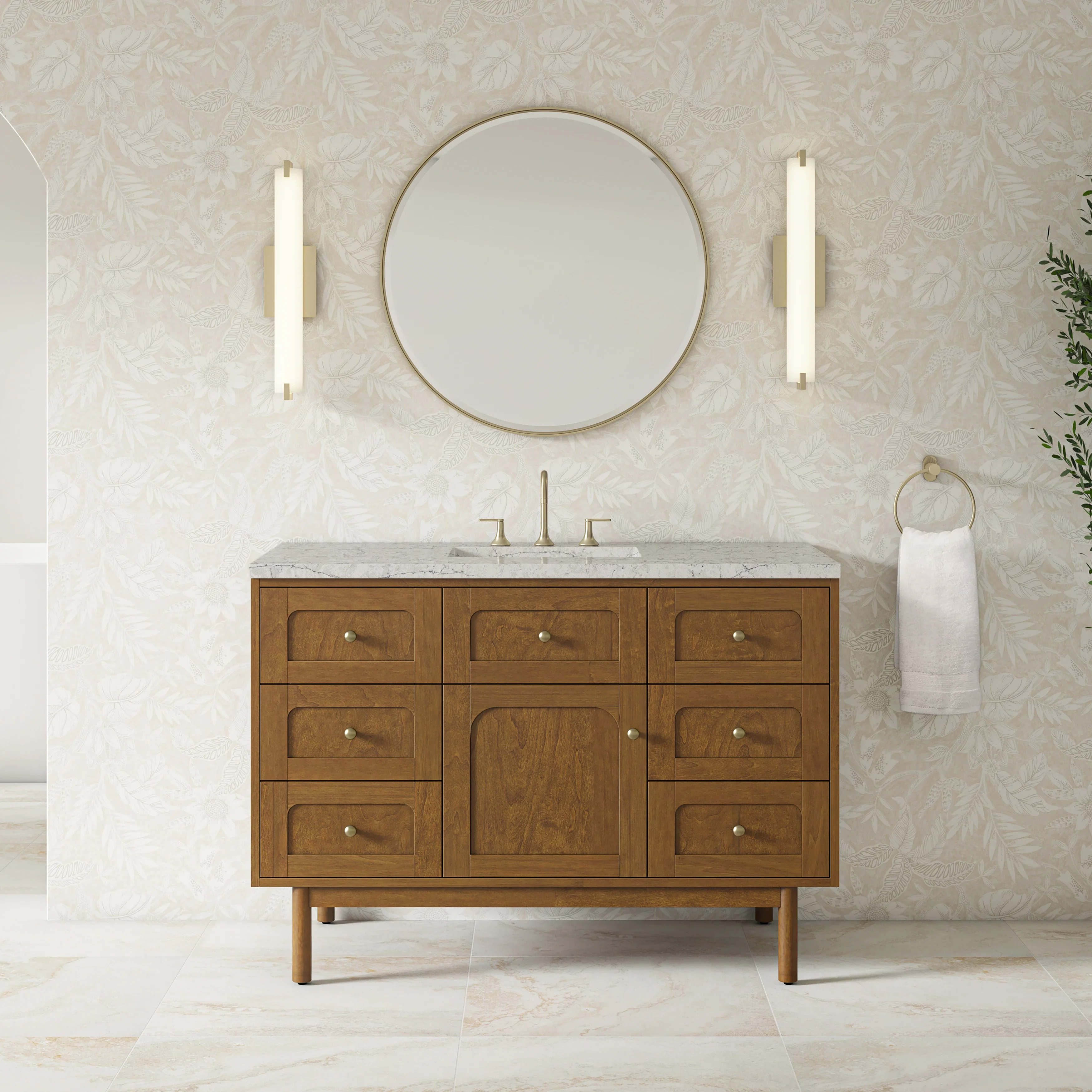 Laurent 48" Single Vanity, Honey Oak w/ 3 CM Eternal Jasmine Pearl Silestone Top w/FreePower Wireless Charger