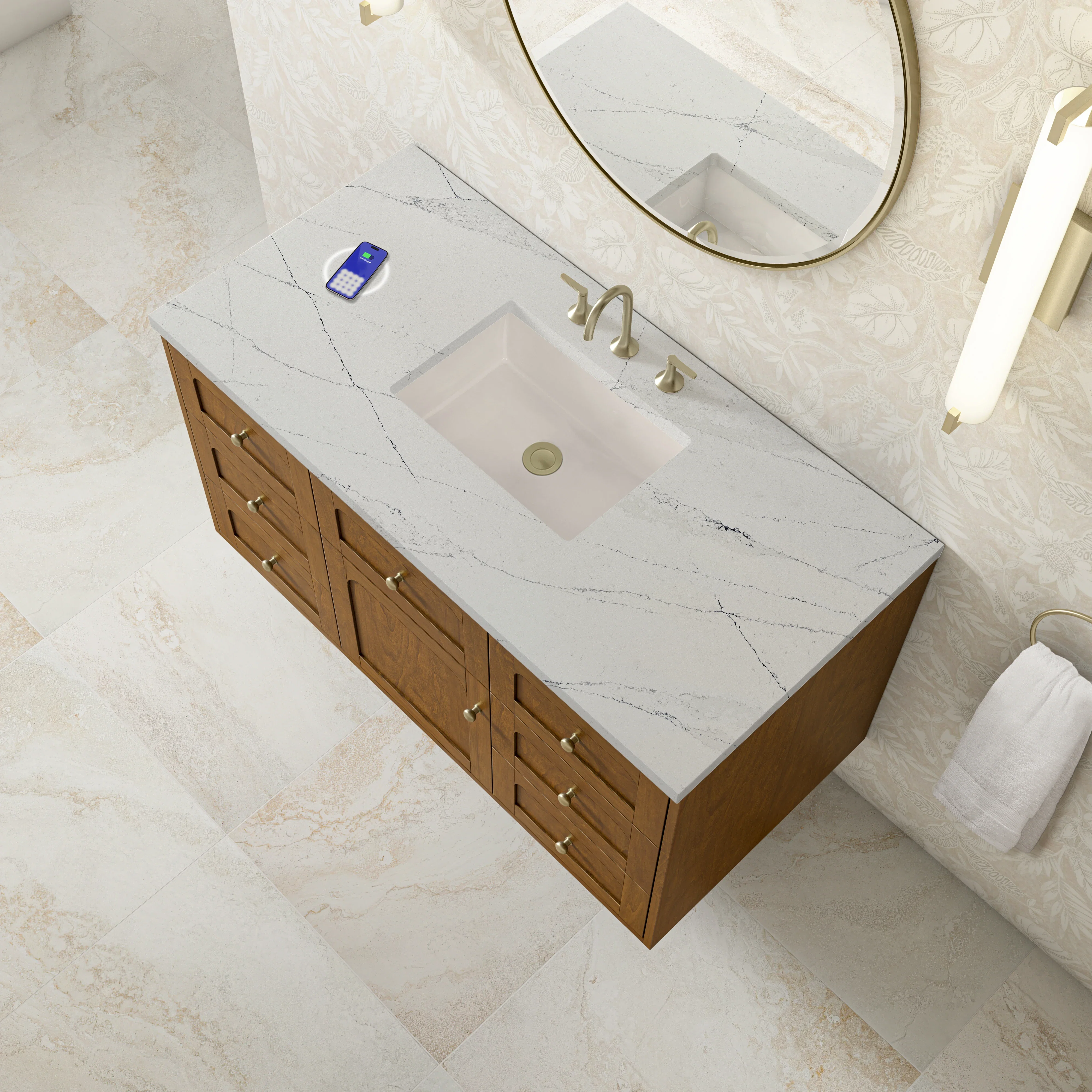 Laurent 48" Single Vanity, Honey Oak w/ 3 CM Ethereal Noctis Silestone Top w/FreePower Wireless Charger