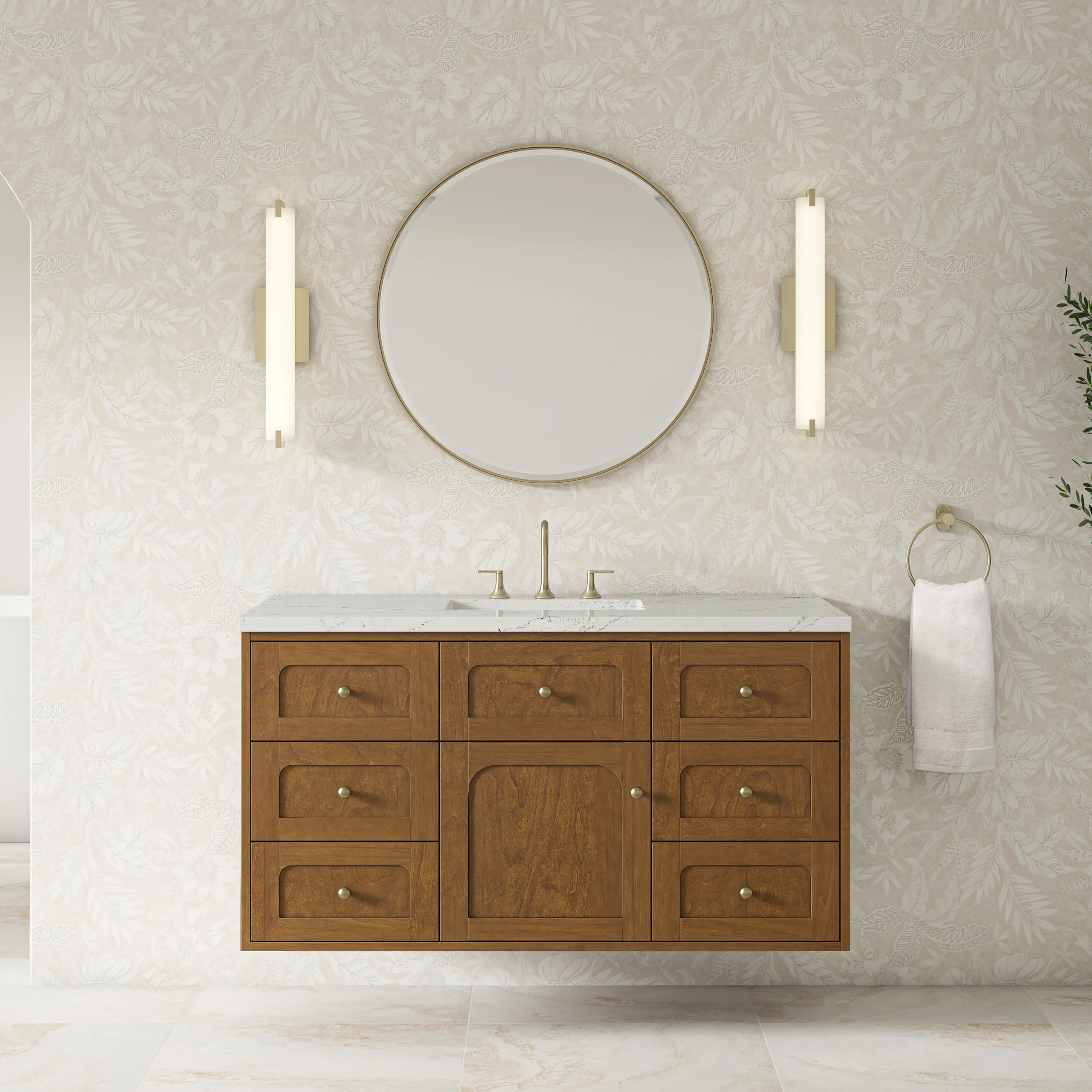 Laurent 48" Single Vanity, Honey Oak w/ 3 CM Ethereal Noctis Silestone Top w/FreePower Wireless Charger