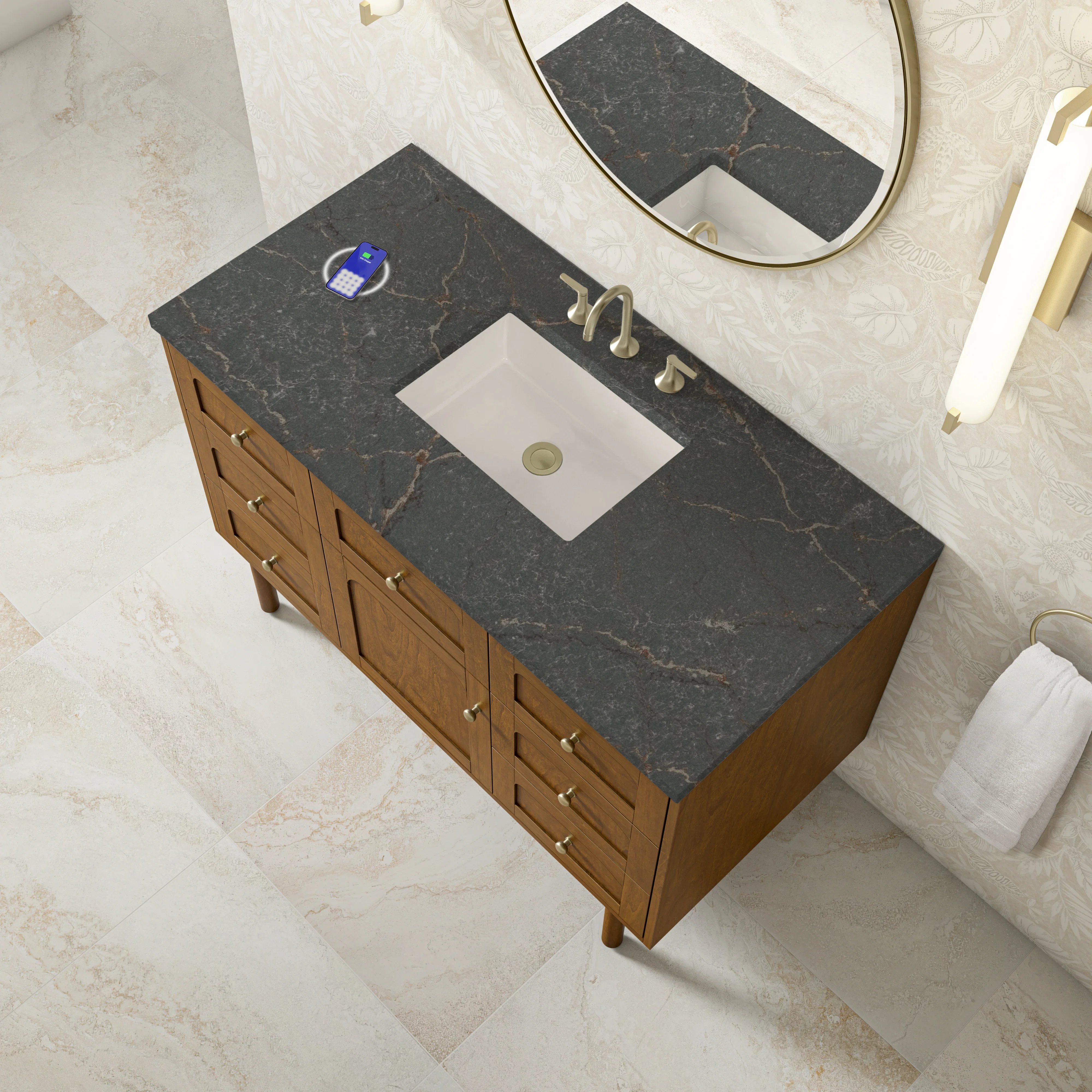 Laurent 48" Single Vanity, Honey Oak w/ 3 CM Parisien Bleu Silestone Top w/FreePower Wireless Charger