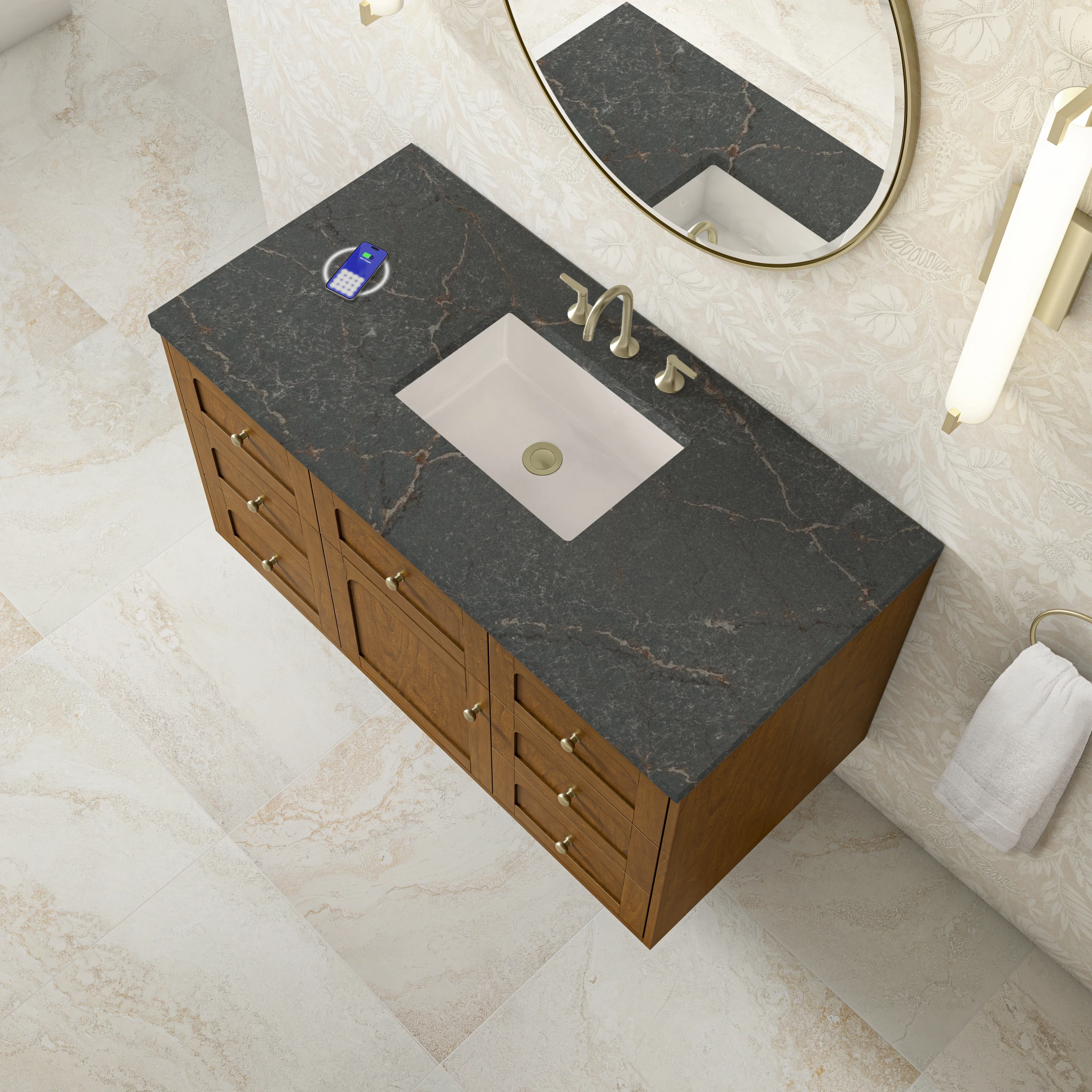 Laurent 48" Single Vanity, Honey Oak w/ 3 CM Parisien Bleu Silestone Top w/FreePower Wireless Charger