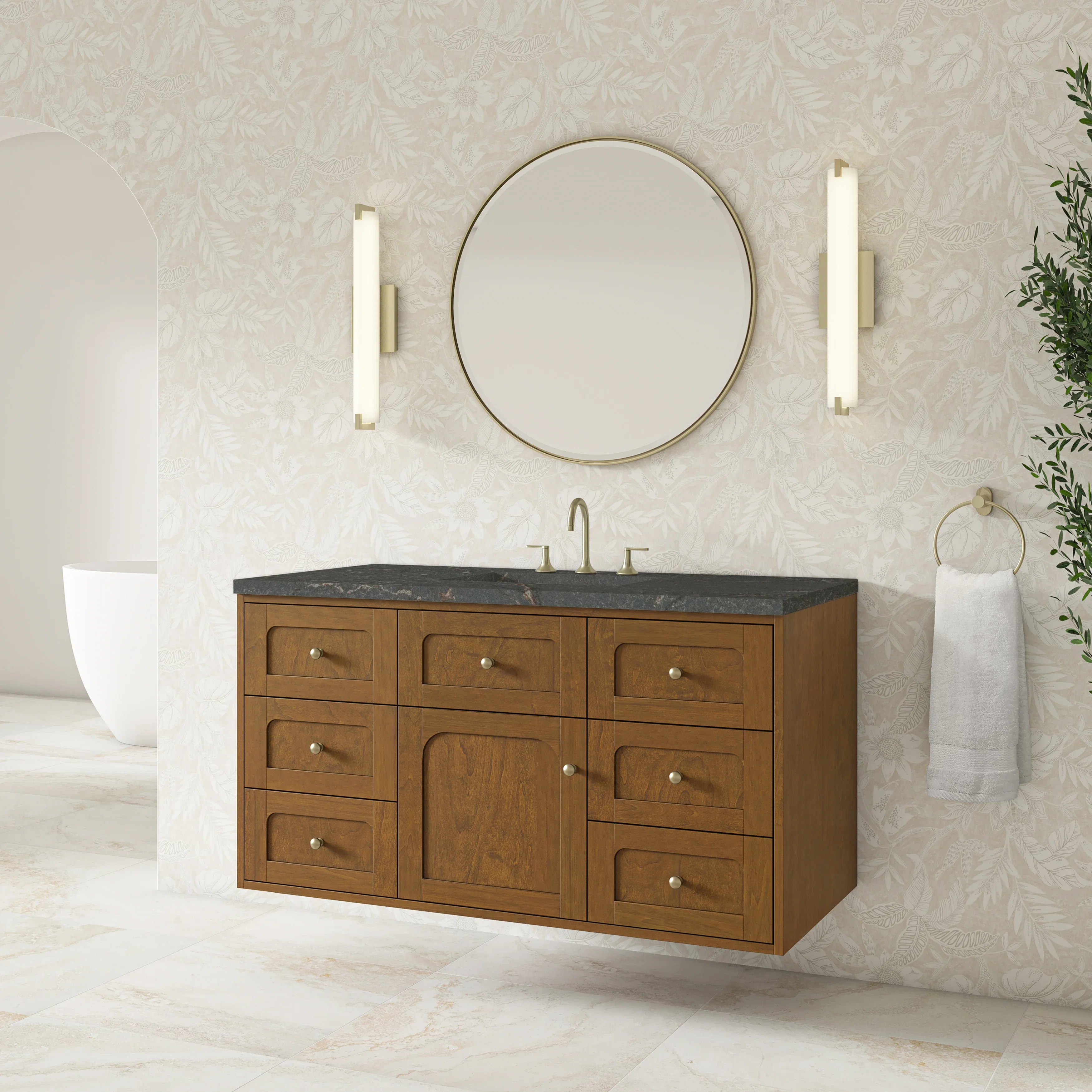Laurent 48" Single Vanity, Honey Oak w/ 3 CM Parisien Bleu Silestone Top w/FreePower Wireless Charger