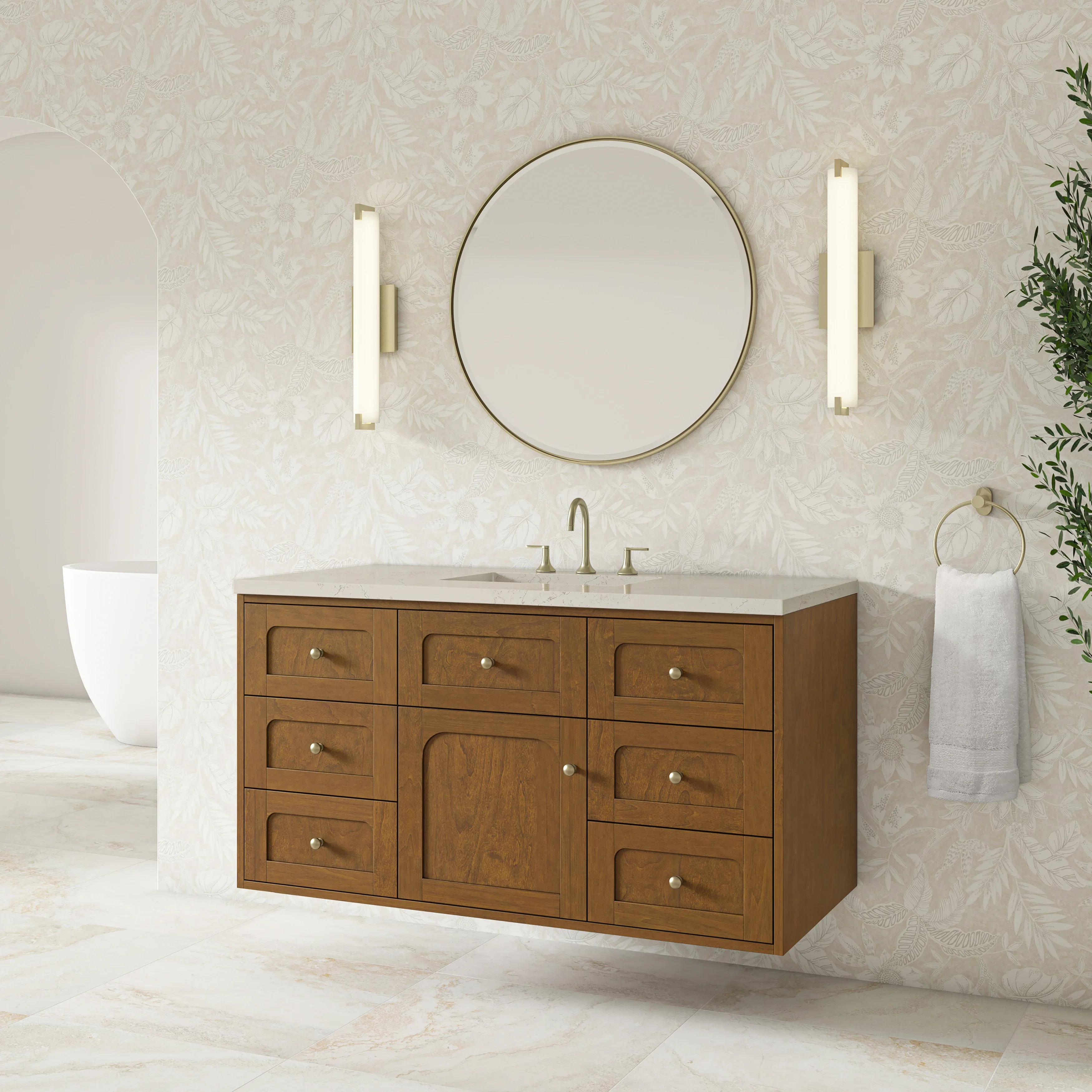 Laurent 48" Single Vanity, Honey Oak w/ 3 CM Siberian Silestone Top w/FreePower Wireless Charger