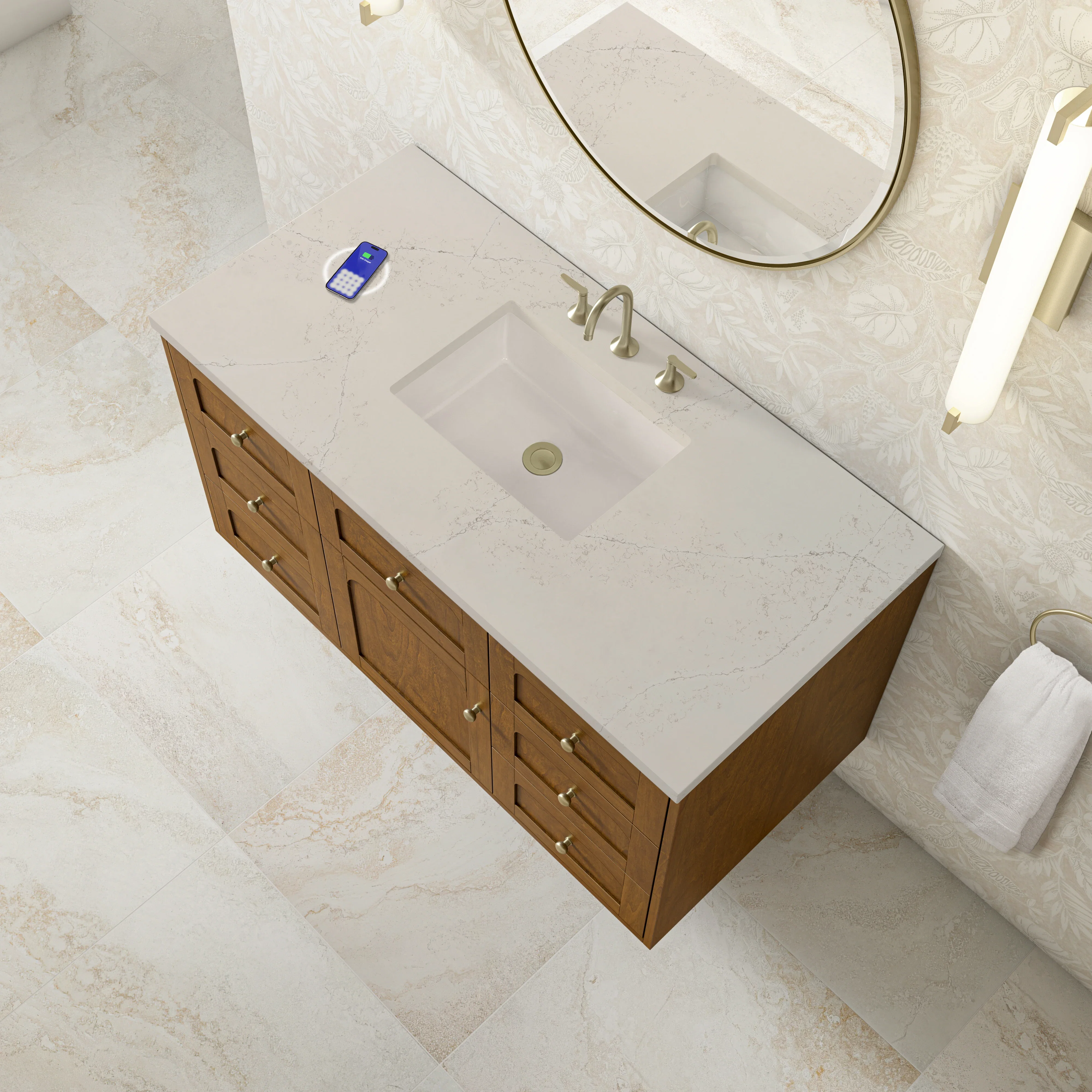 Laurent 48" Single Vanity, Honey Oak w/ 3 CM Siberian Silestone Top w/FreePower Wireless Charger