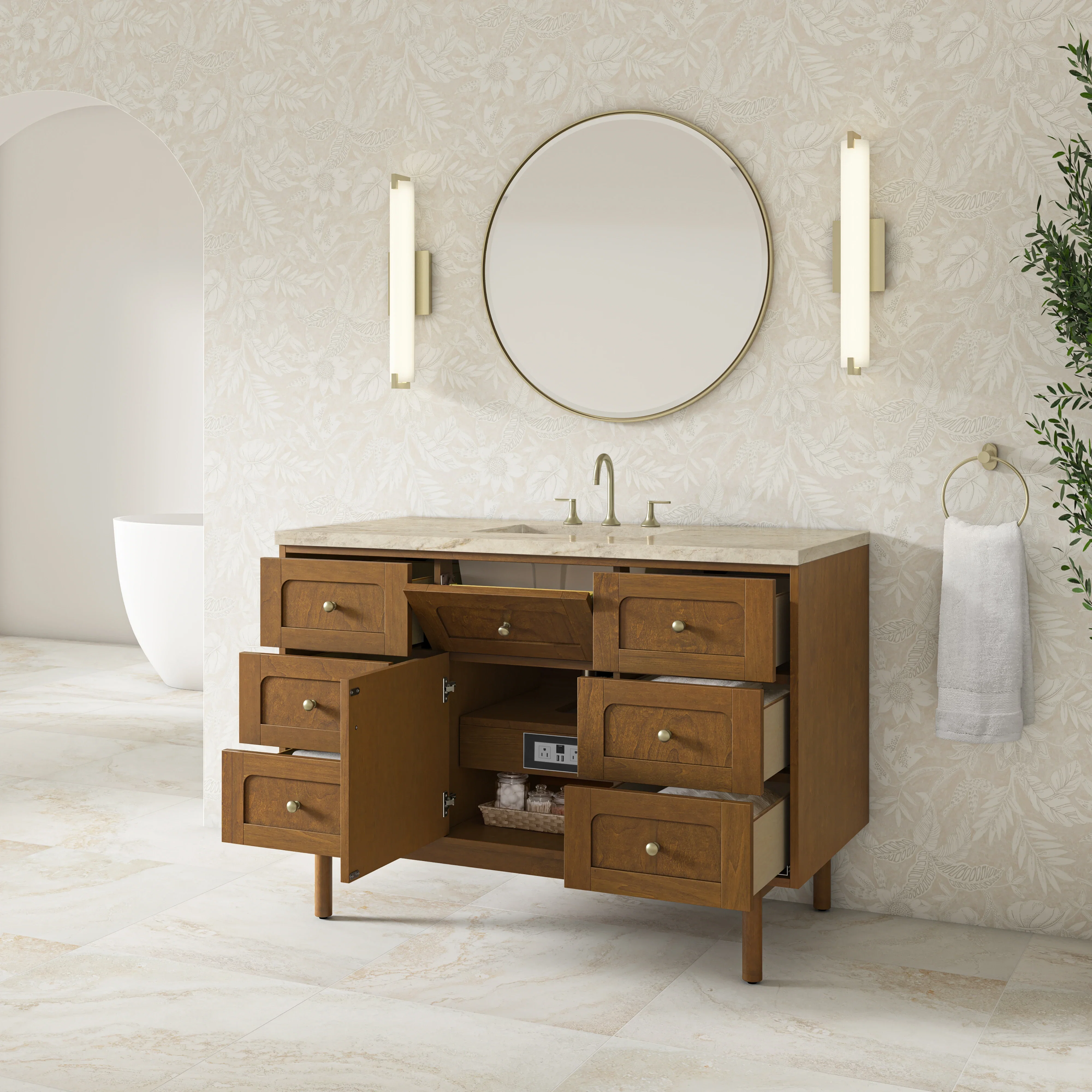 Laurent 48" Single Vanity, Honey Oak w/ 3 CM Tajnar Eclos Top w/FreePower Wireless Charger