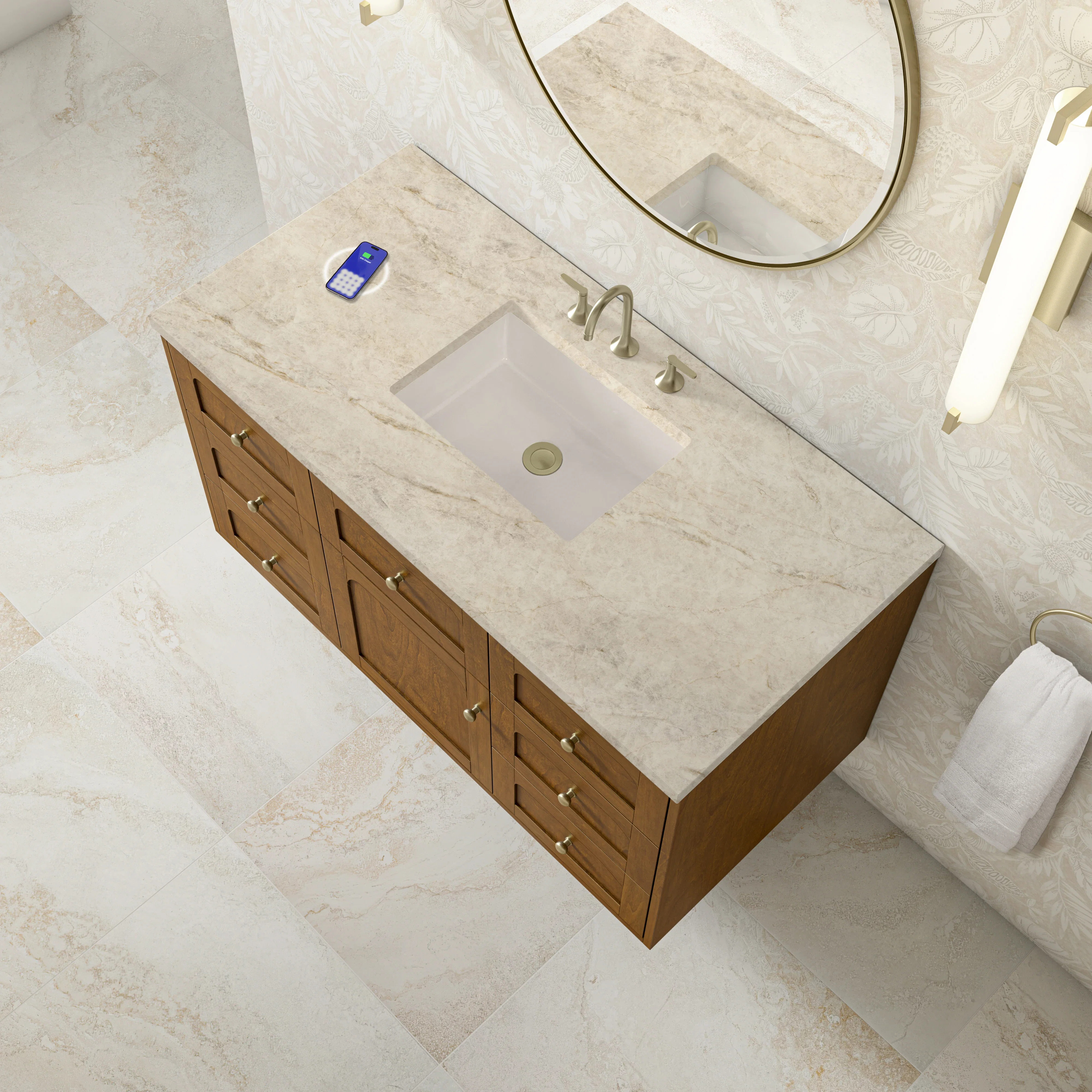 Laurent 48" Single Vanity, Honey Oak w/ 3 CM Tajnar Eclos Top w/FreePower Wireless Charger