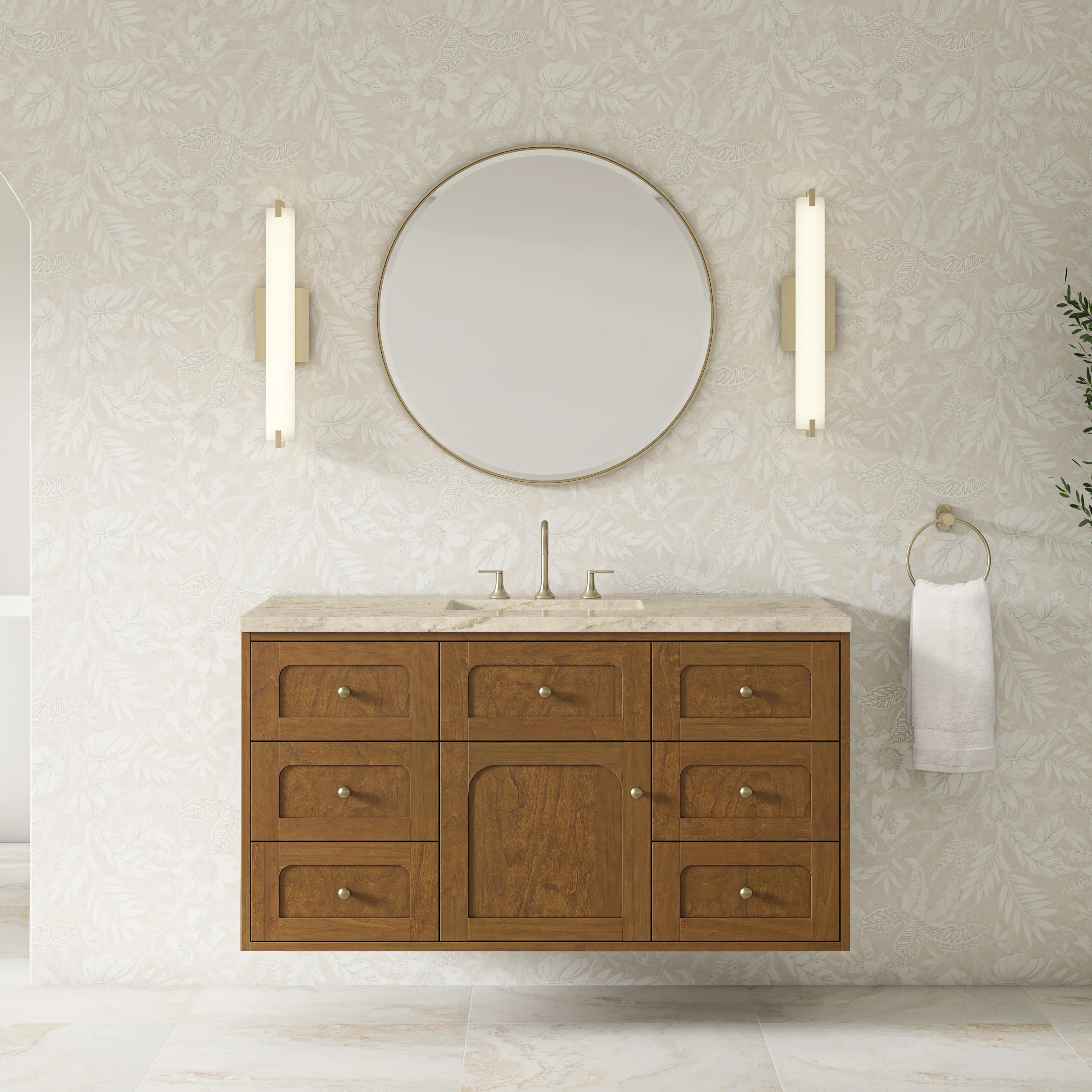Laurent 48" Single Vanity, Honey Oak w/ 3 CM Tajnar Eclos Top w/FreePower Wireless Charger