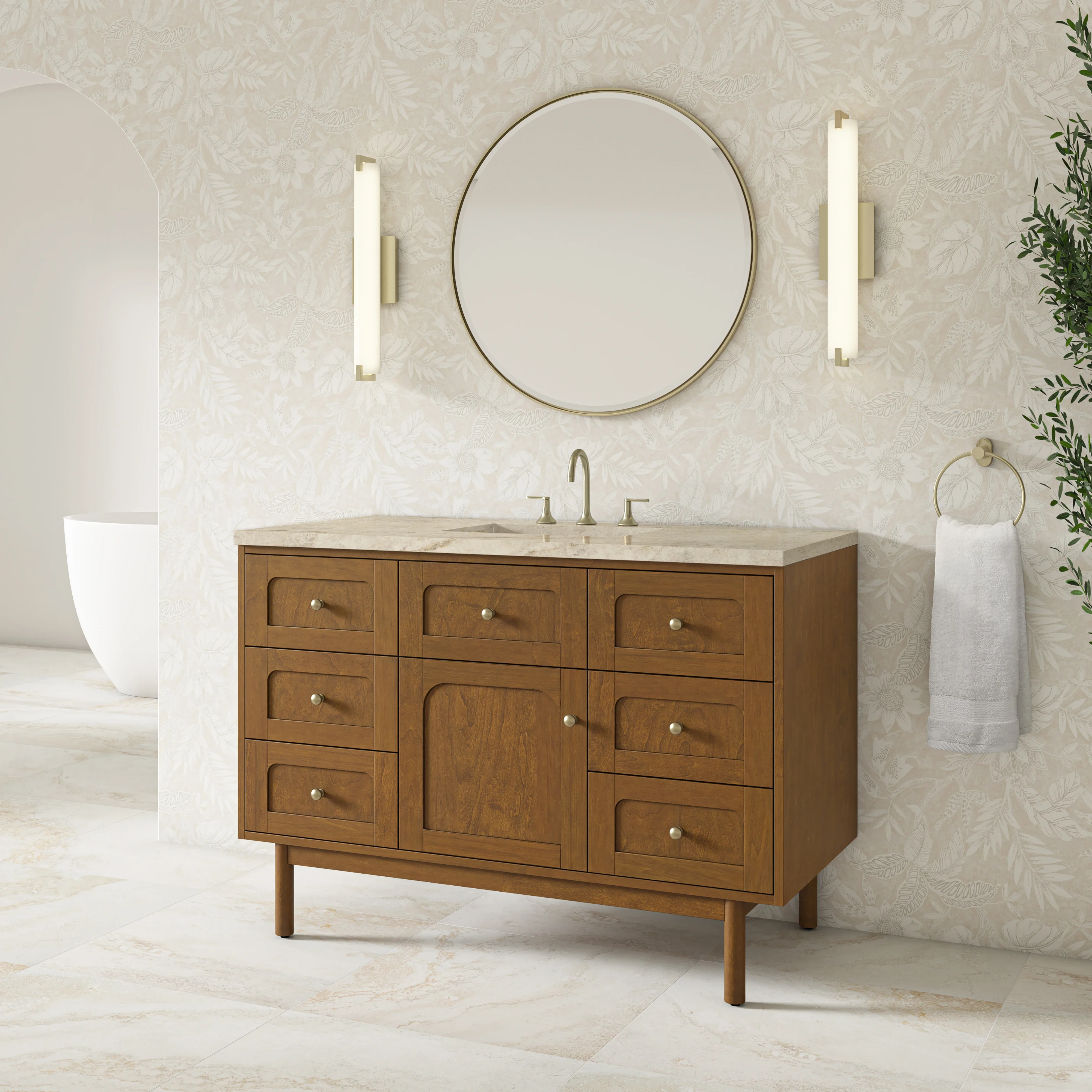 Laurent 48" Single Vanity, Honey Oak w/ 3 CM Tajnar Eclos Top w/FreePower Wireless Charger