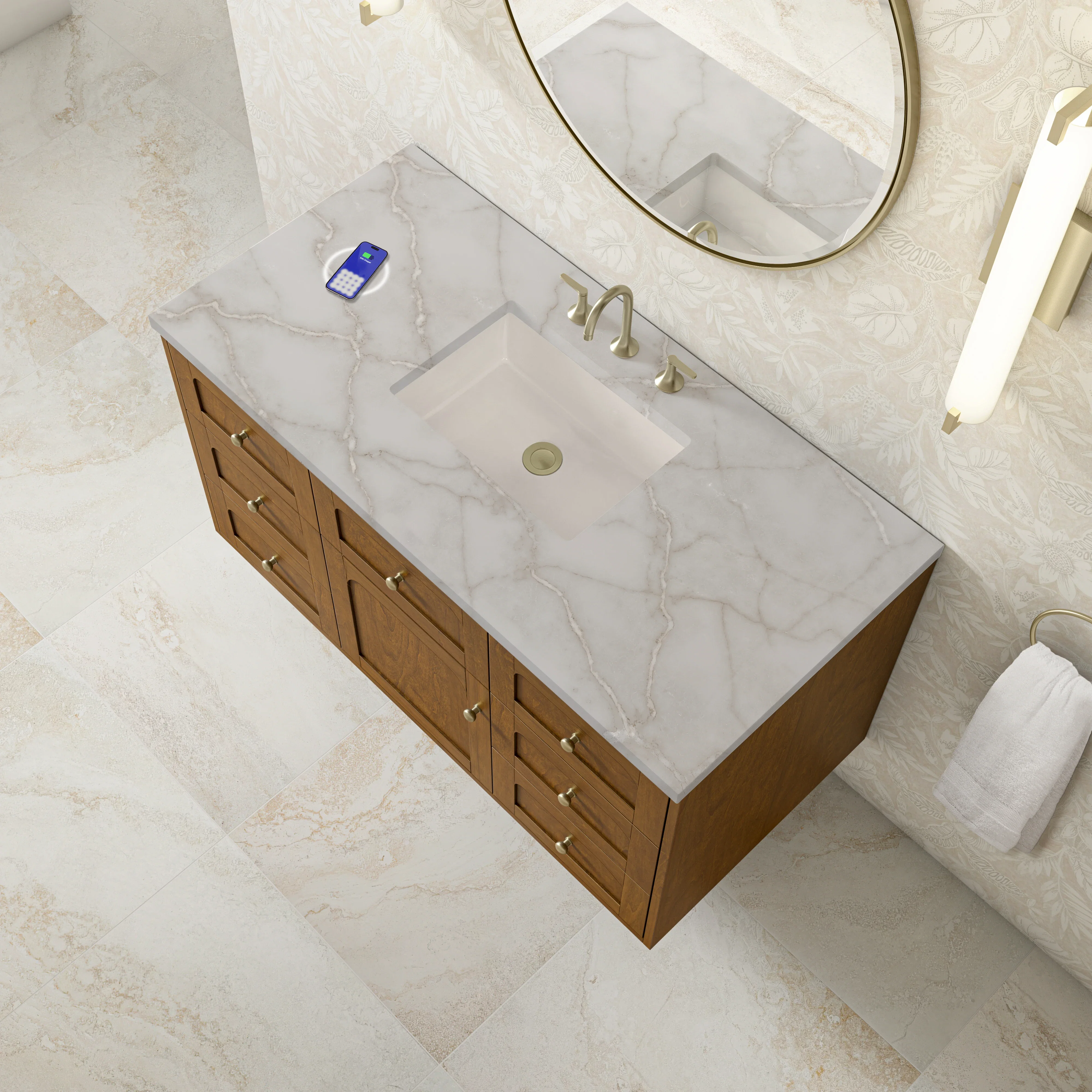 Laurent 48" Single Vanity, Honey Oak w/ 3 CM Victorian Silver Silestone Top w/FreePower Wireless Charger