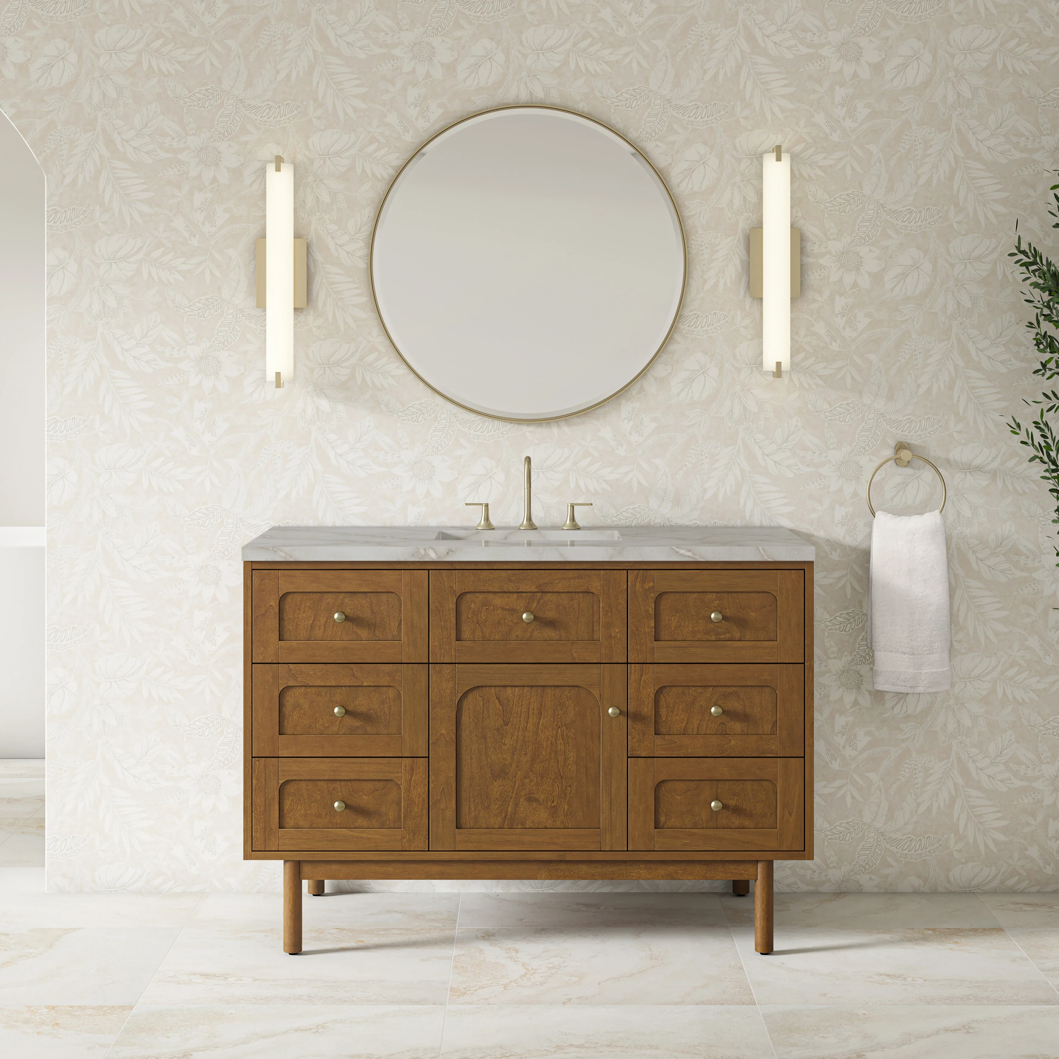 Laurent 48" Single Vanity, Honey Oak w/ 3 CM Victorian Silver Silestone Top w/FreePower Wireless Charger