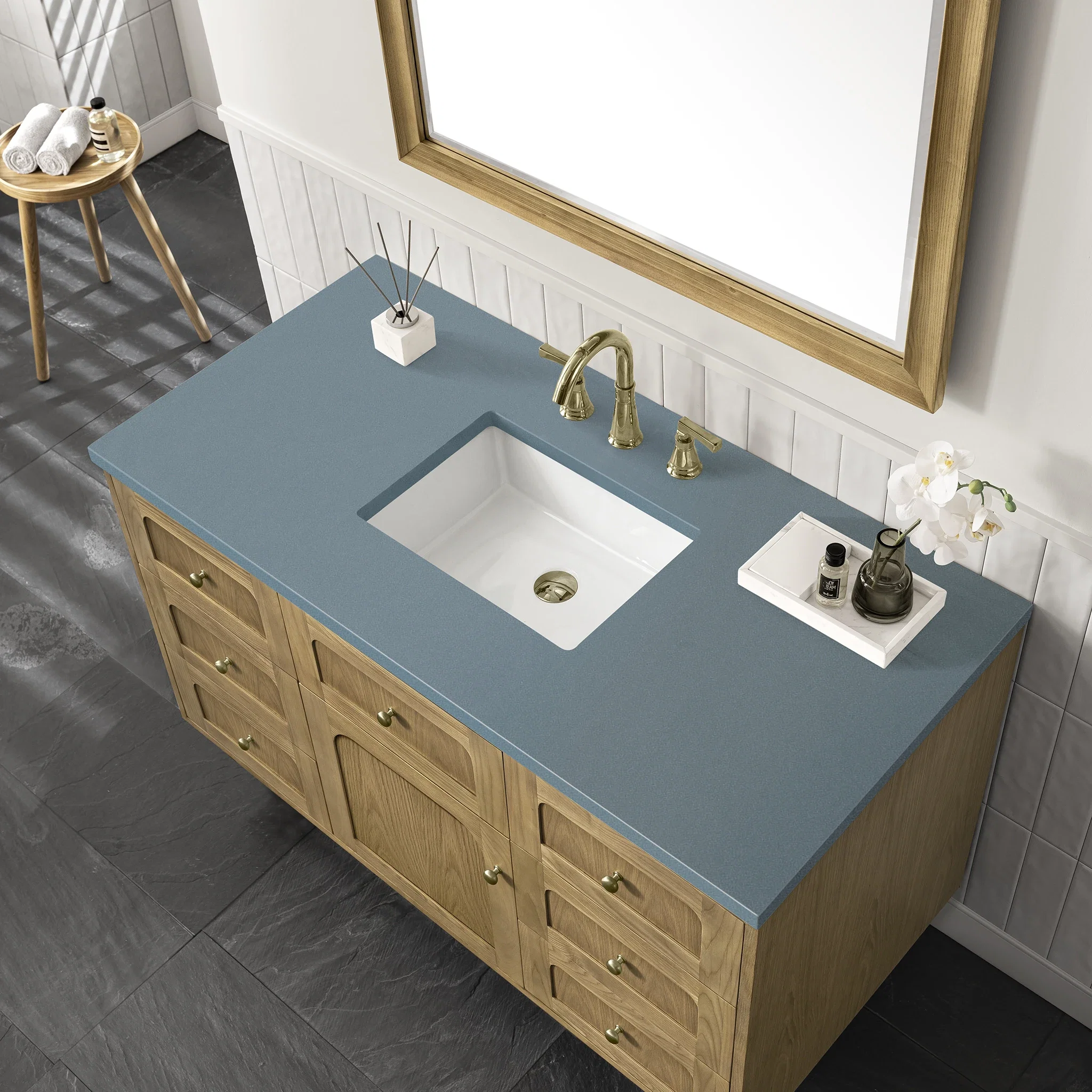 Laurent 48" Single Vanity, Light Natural Oak w/ 3 CM Cala Blue Top