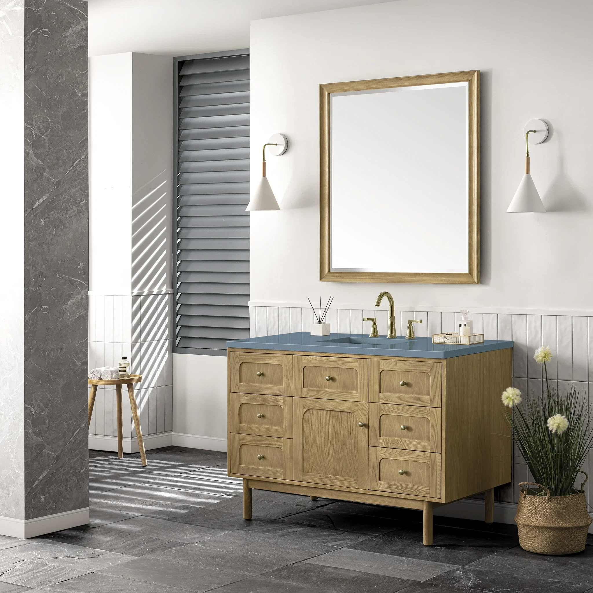 Laurent 48" Single Vanity, Light Natural Oak w/ 3 CM Cala Blue Top
