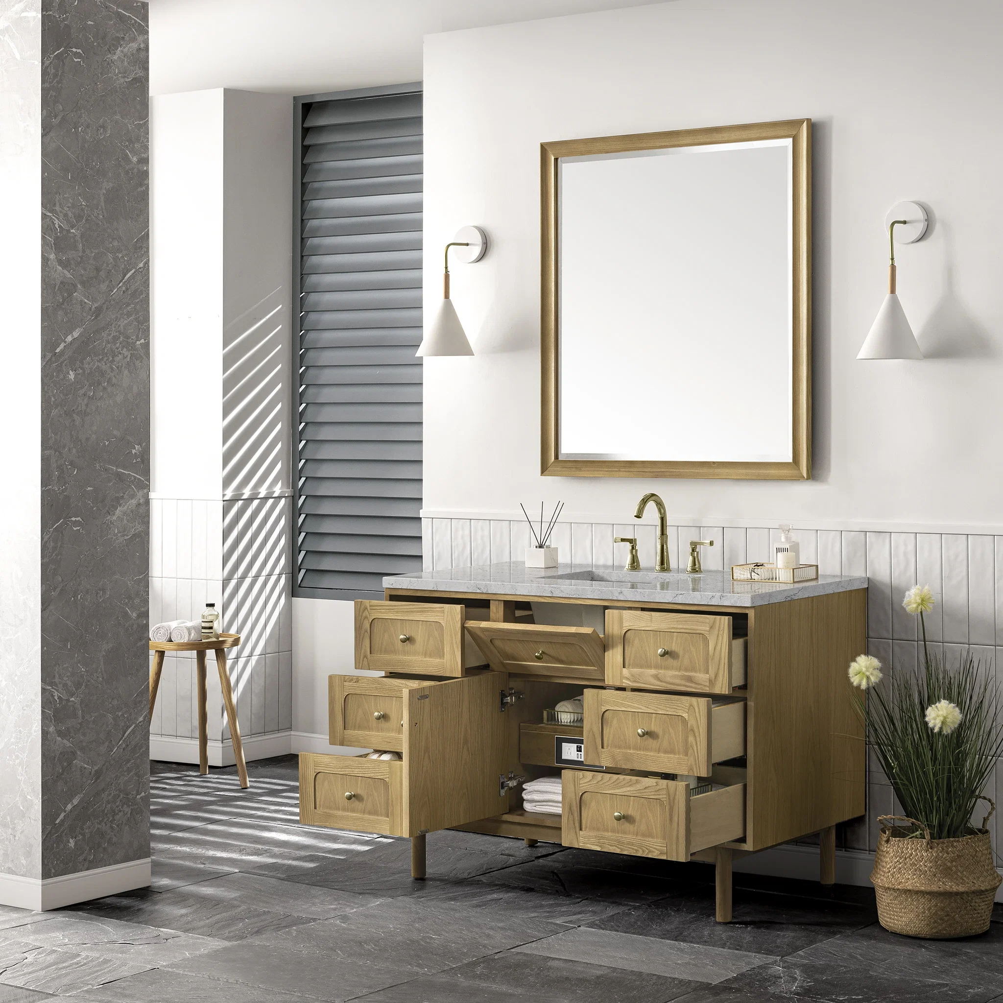 Laurent 48" Single Vanity, Light Natural Oak w/ 3 CM Eternal Jasmine Pearl Top