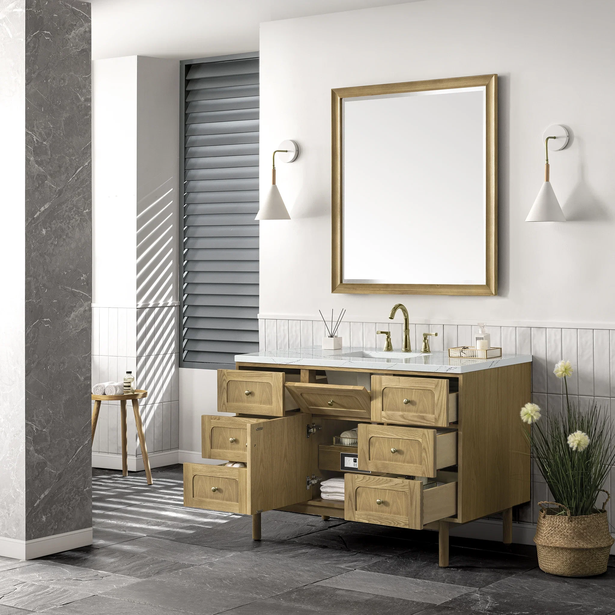 Laurent 48" Single Vanity, Light Natural Oak w/ 3 CM Ethereal Noctis Top