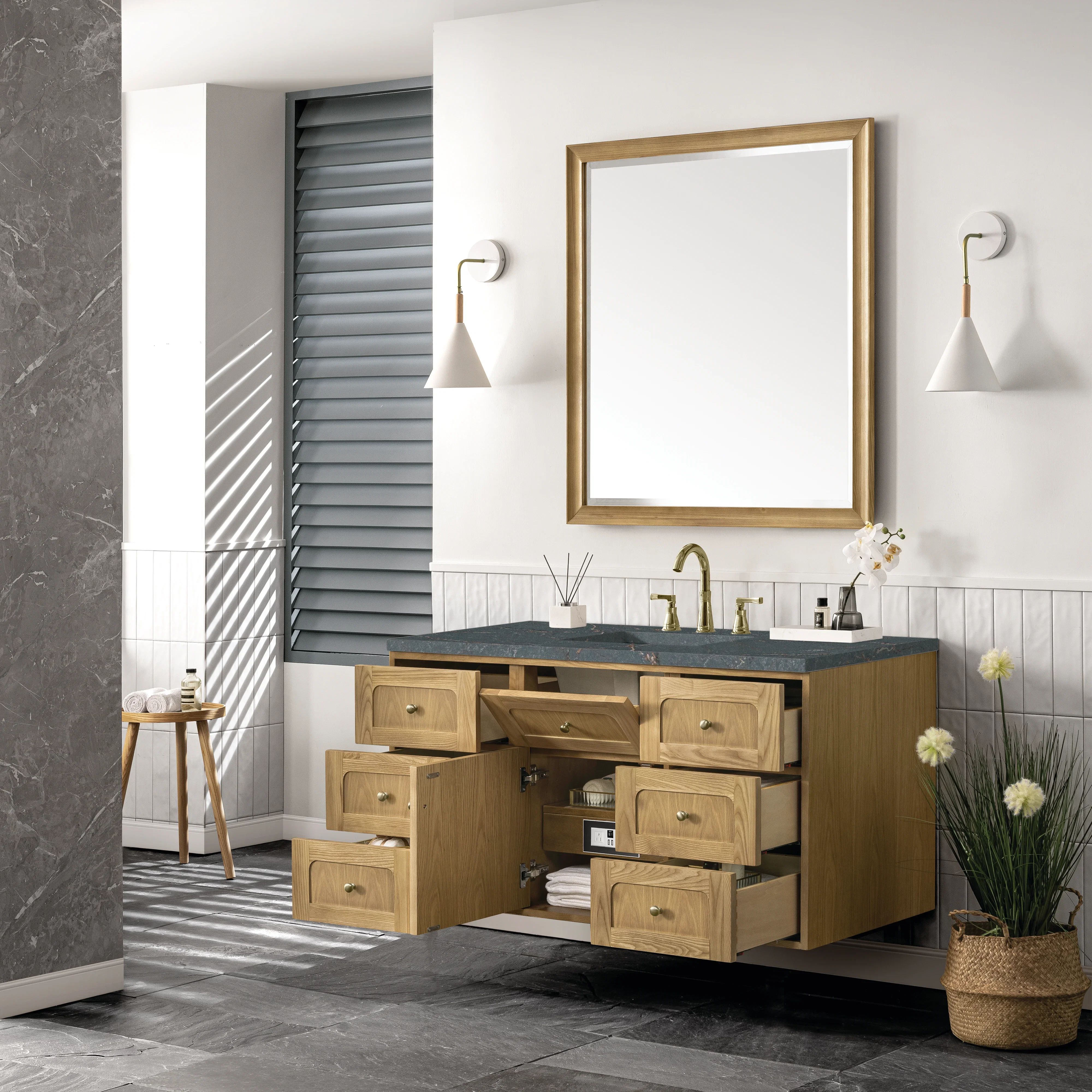 Laurent 48" Single Vanity, Light Natural Oak w/ 3 CM Parisien Bleu Top