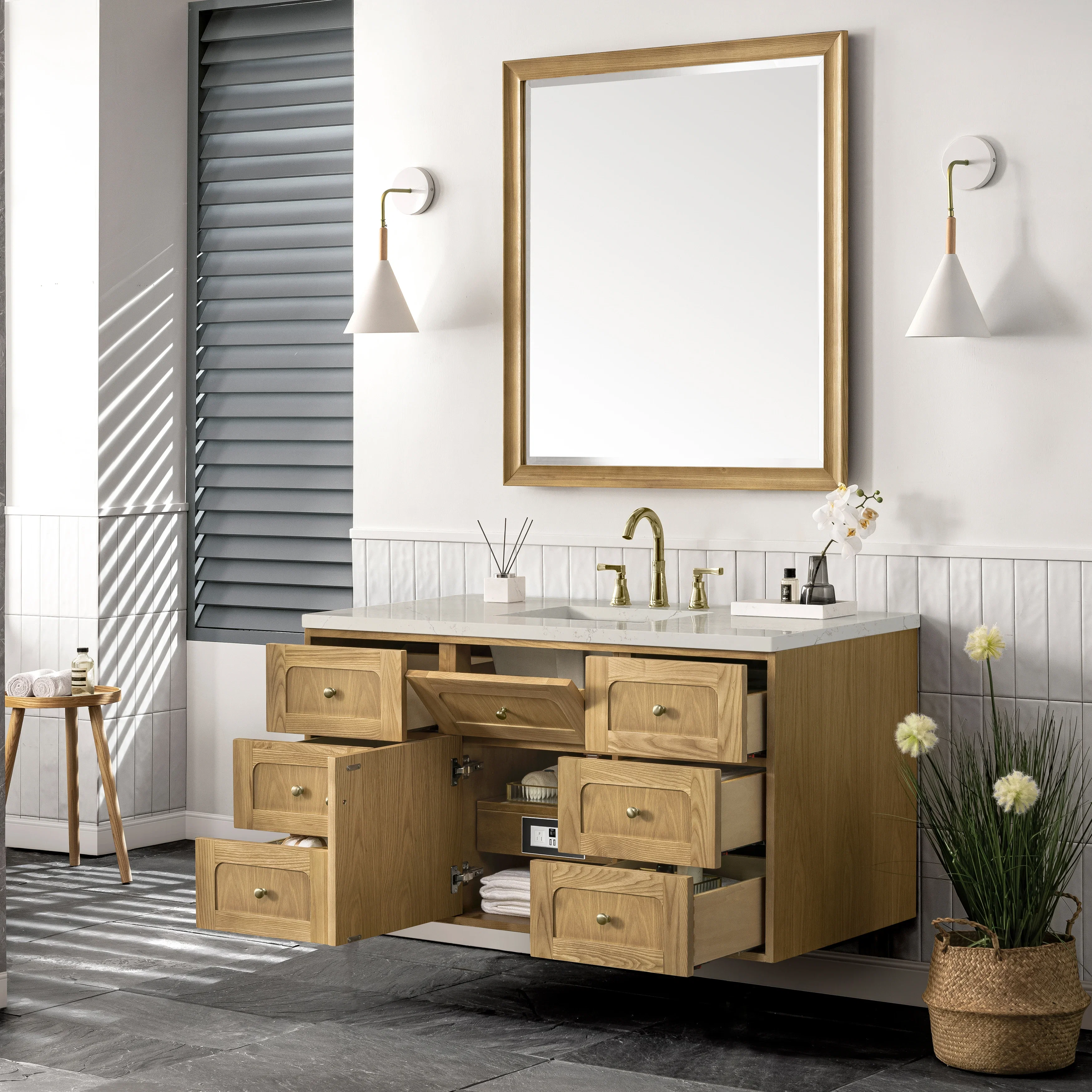 Laurent 48" Single Vanity, Light Natural Oak, w/ 3 CM Siberian Silestone Top
