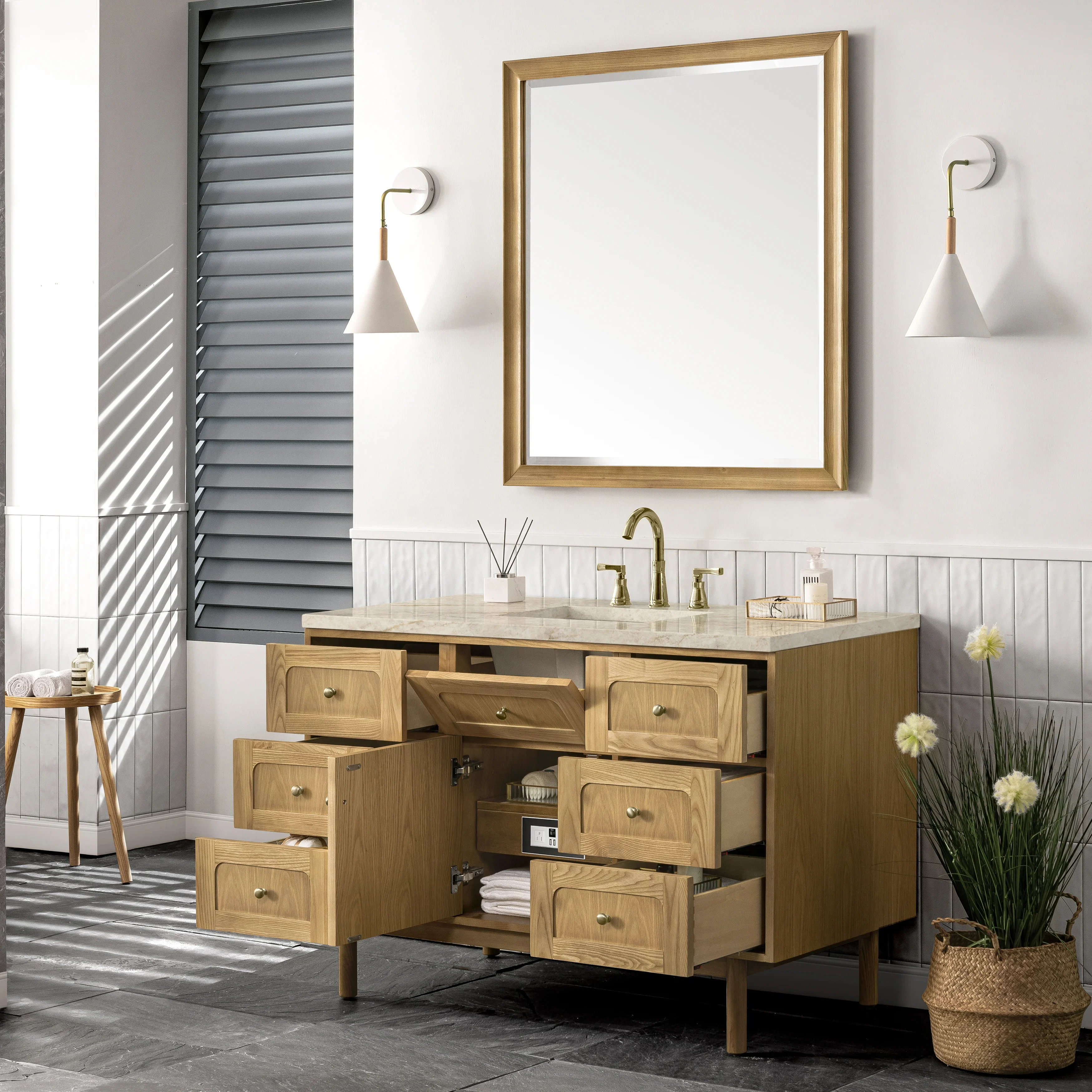 Laurent 48" Single Vanity, Light Natural Oak, w/ 3 CM Tajnar Eclos Top