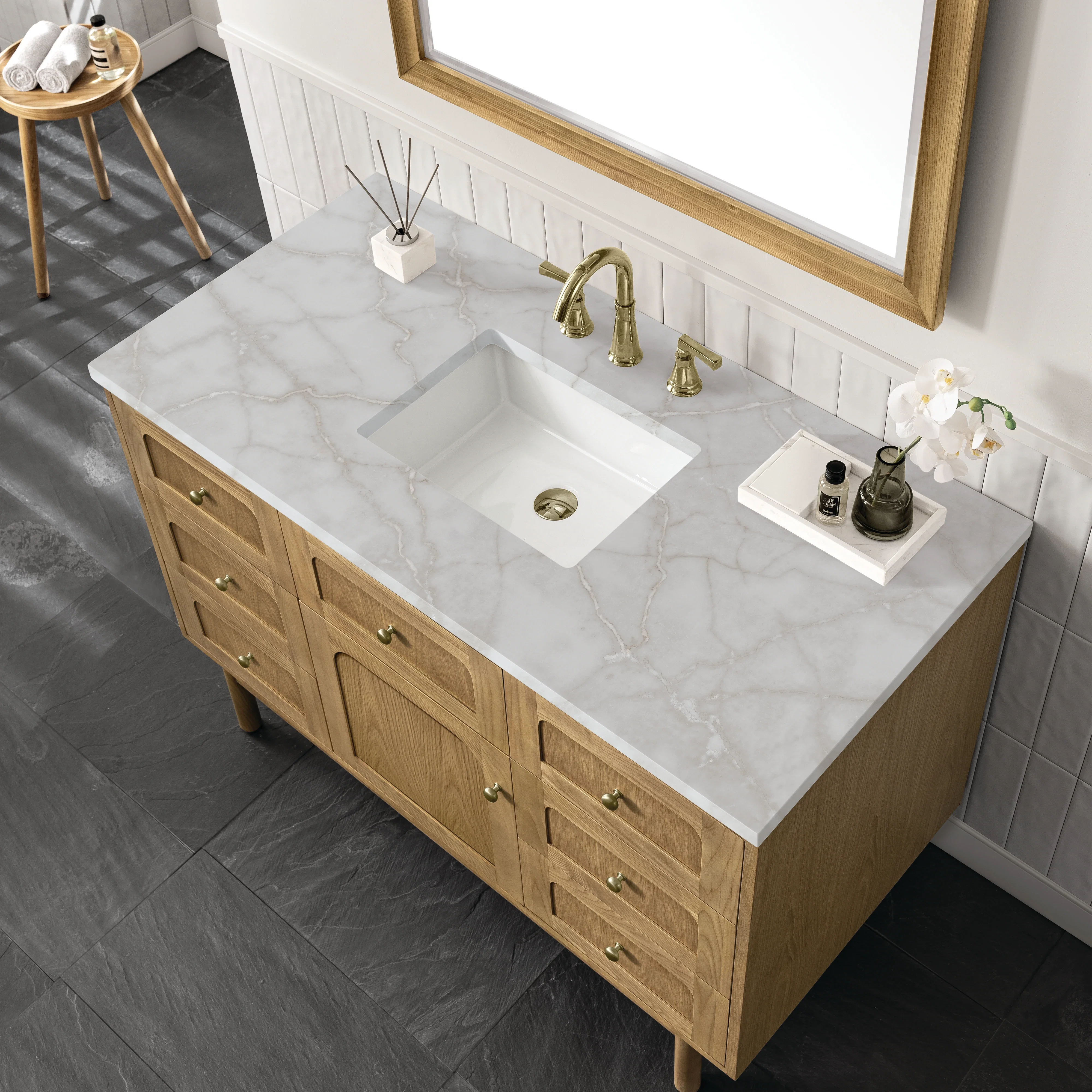 Laurent 48" Single Vanity, Light Natural Oak w/ 3 CM Victorian Silver Top