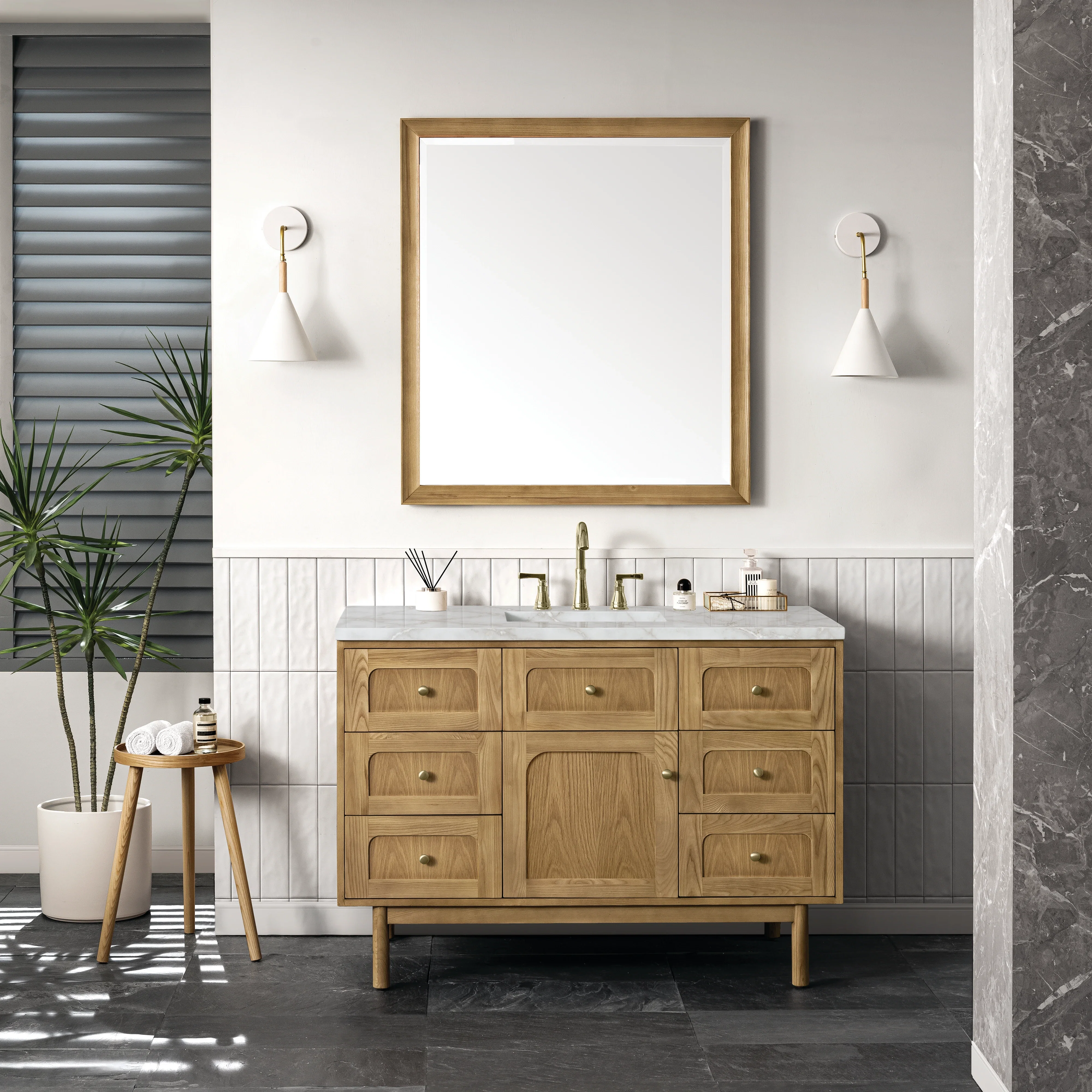 Laurent 48" Single Vanity, Light Natural Oak w/ 3 CM Victorian Silver Top