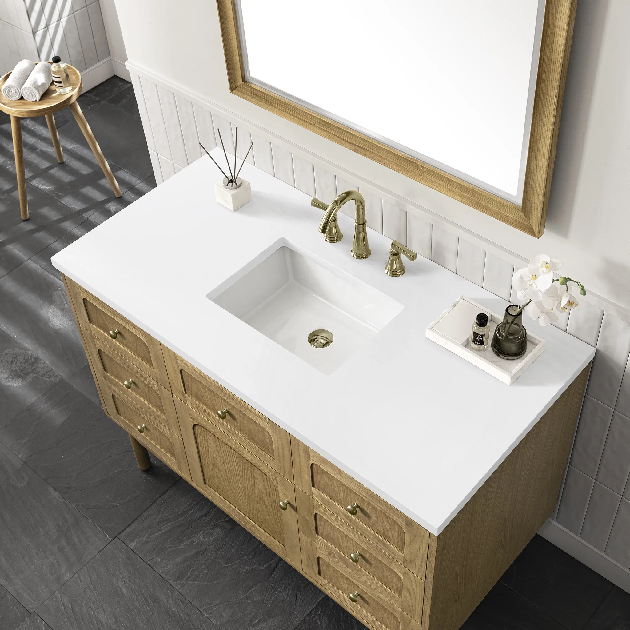 Laurent 48" Single Vanity, Light Natural Oak w/ 3 CM White Zeus Top