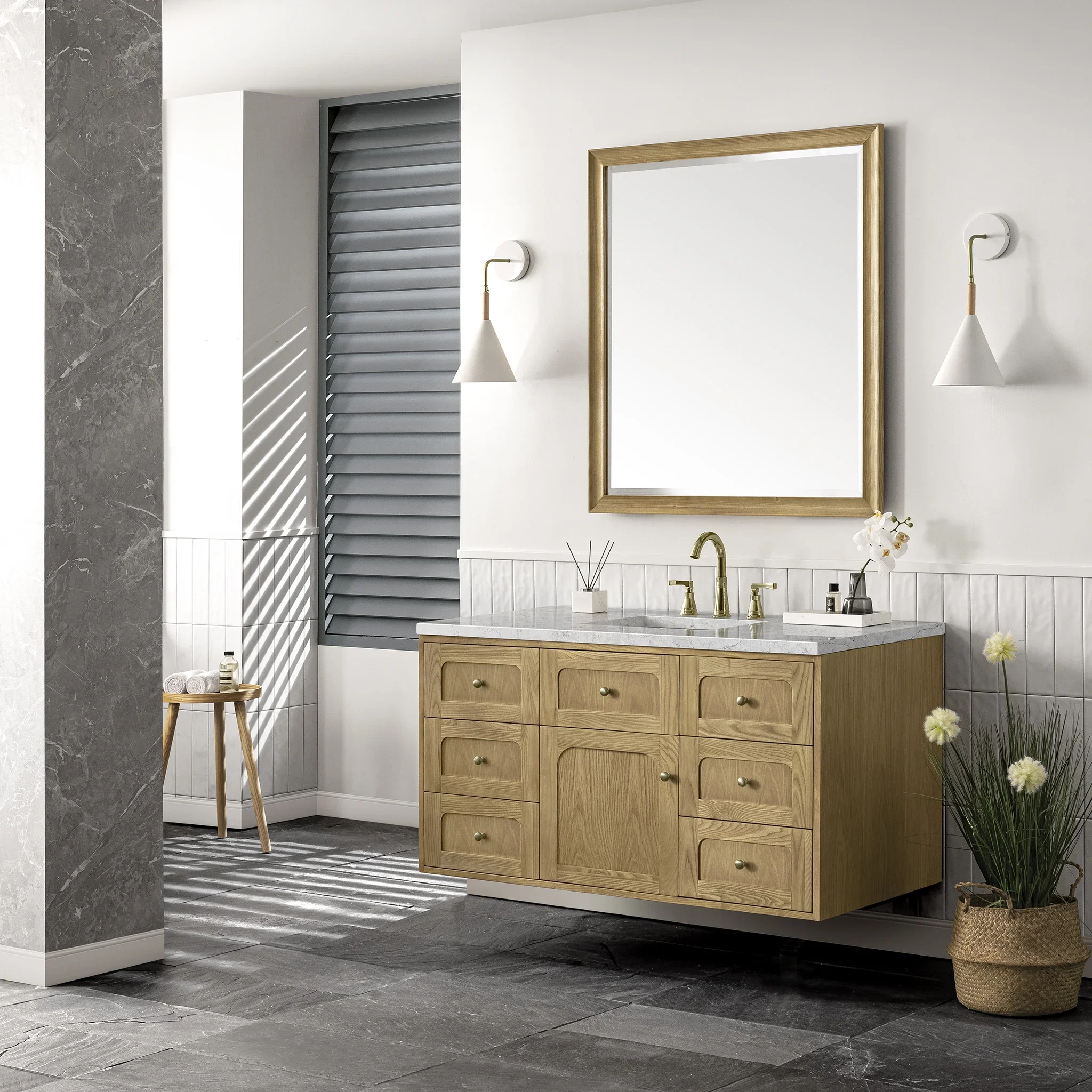 Laurent 48" Single Vanity, Light Natural Oak w/ 3 CM Eternal Jasmine Pearl Top w/FreePower Wireless Charger