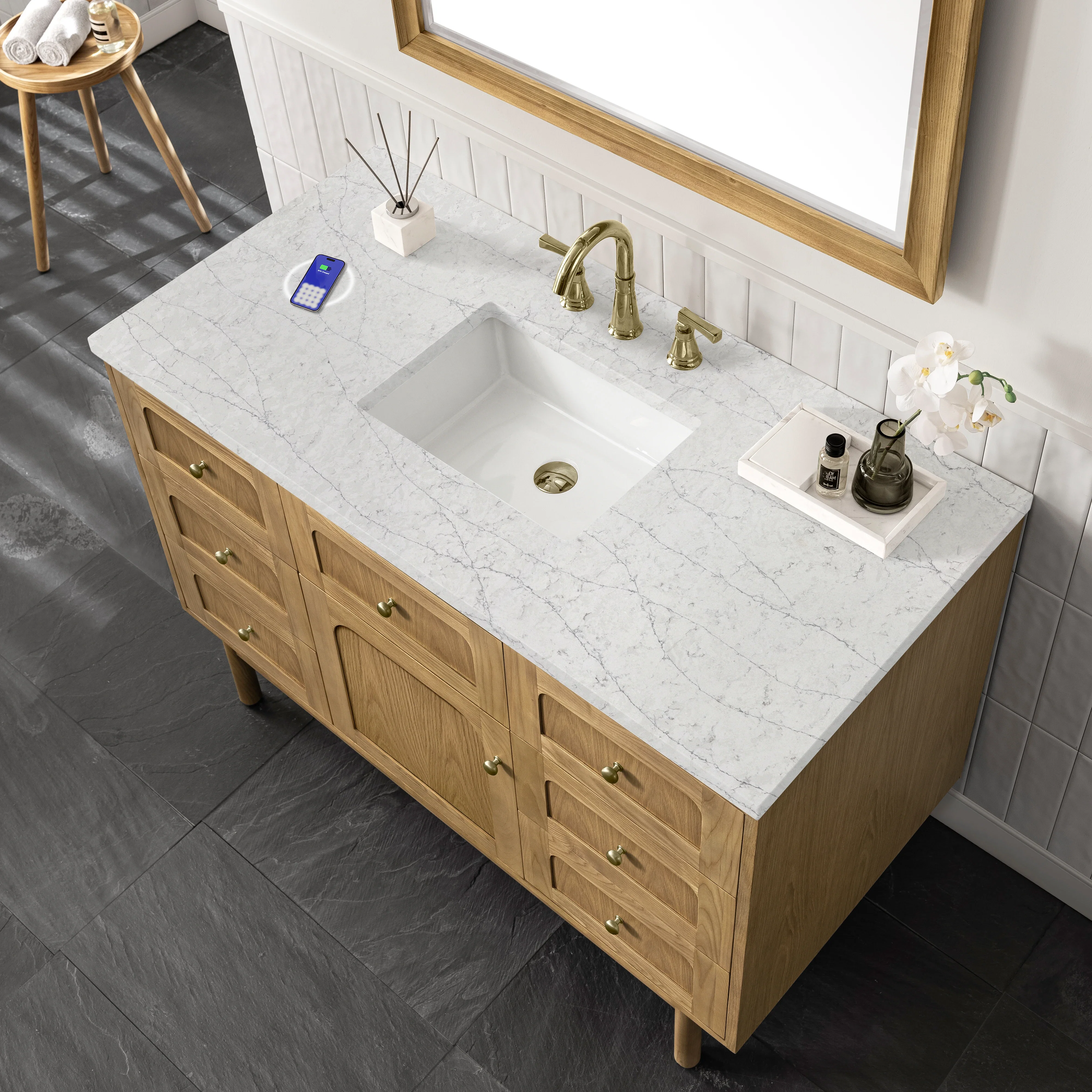 Laurent 48" Single Vanity, Light Natural Oak w/ 3 CM Eternal Jasmine Pearl Top w/FreePower Wireless Charger