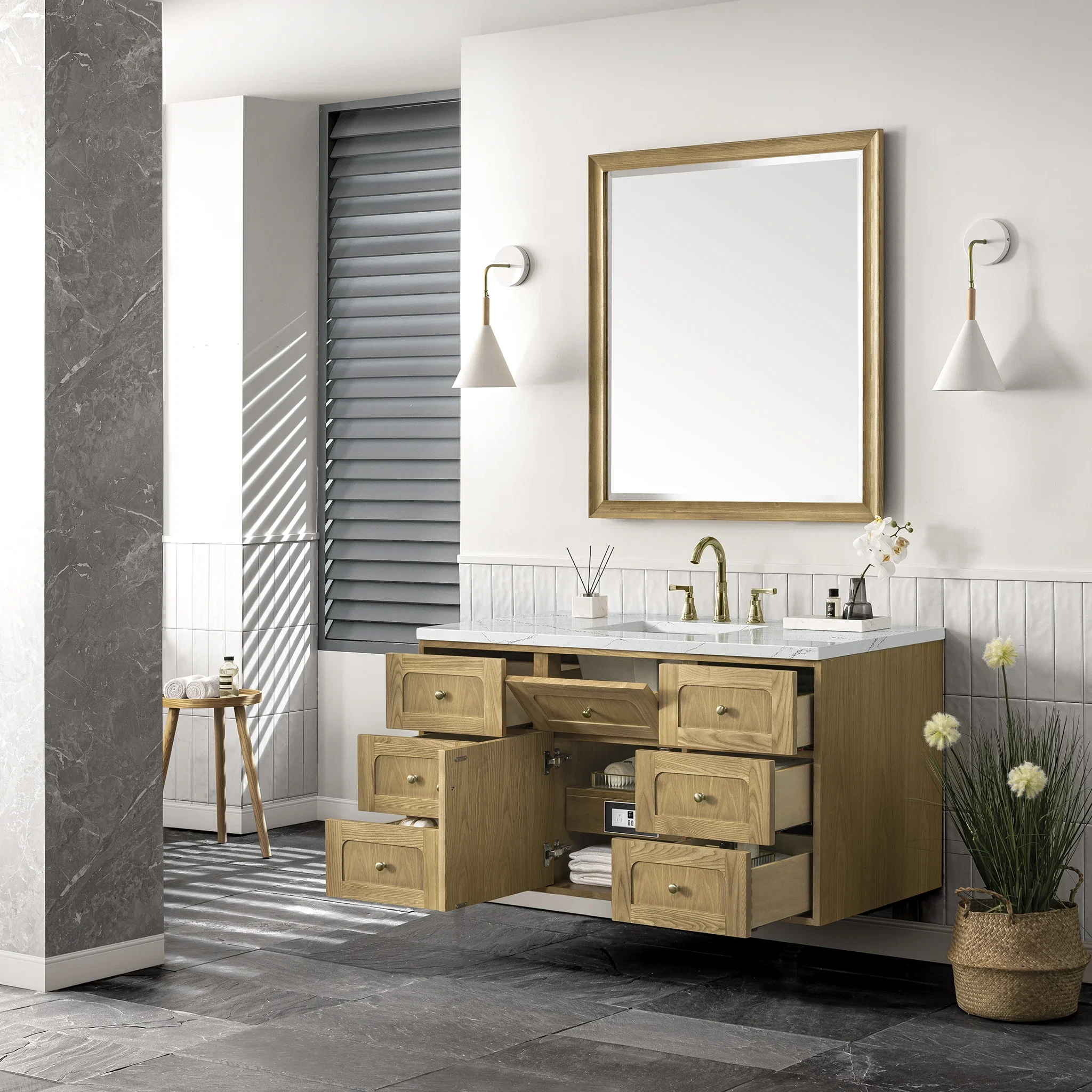 Laurent 48" Single Vanity, Light Natural Oak w/ 3 CM Ethereal Noctis Top w/FreePower Wireless Charger