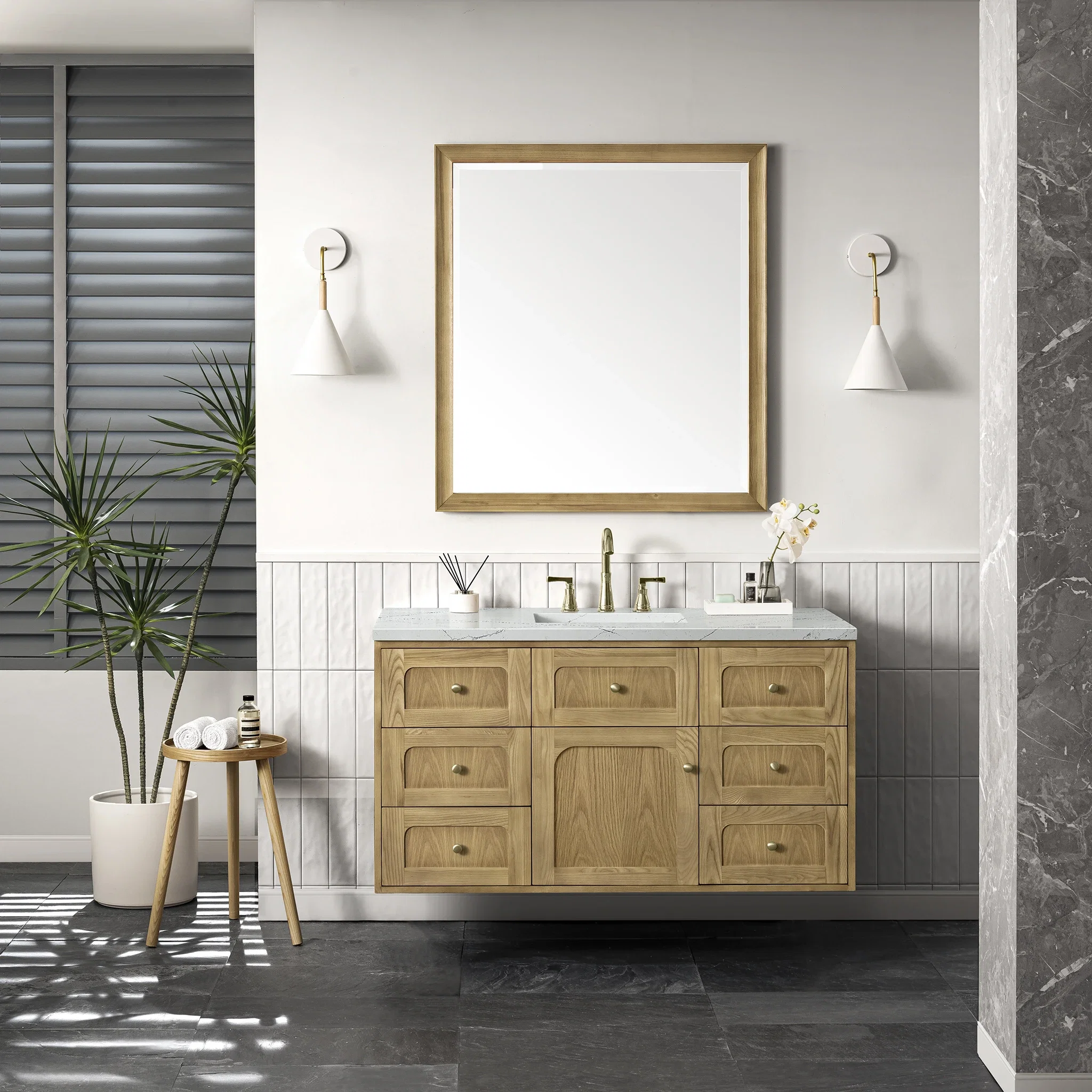 Laurent 48" Single Vanity, Light Natural Oak w/ 3 CM Ethereal Noctis Top w/FreePower Wireless Charger