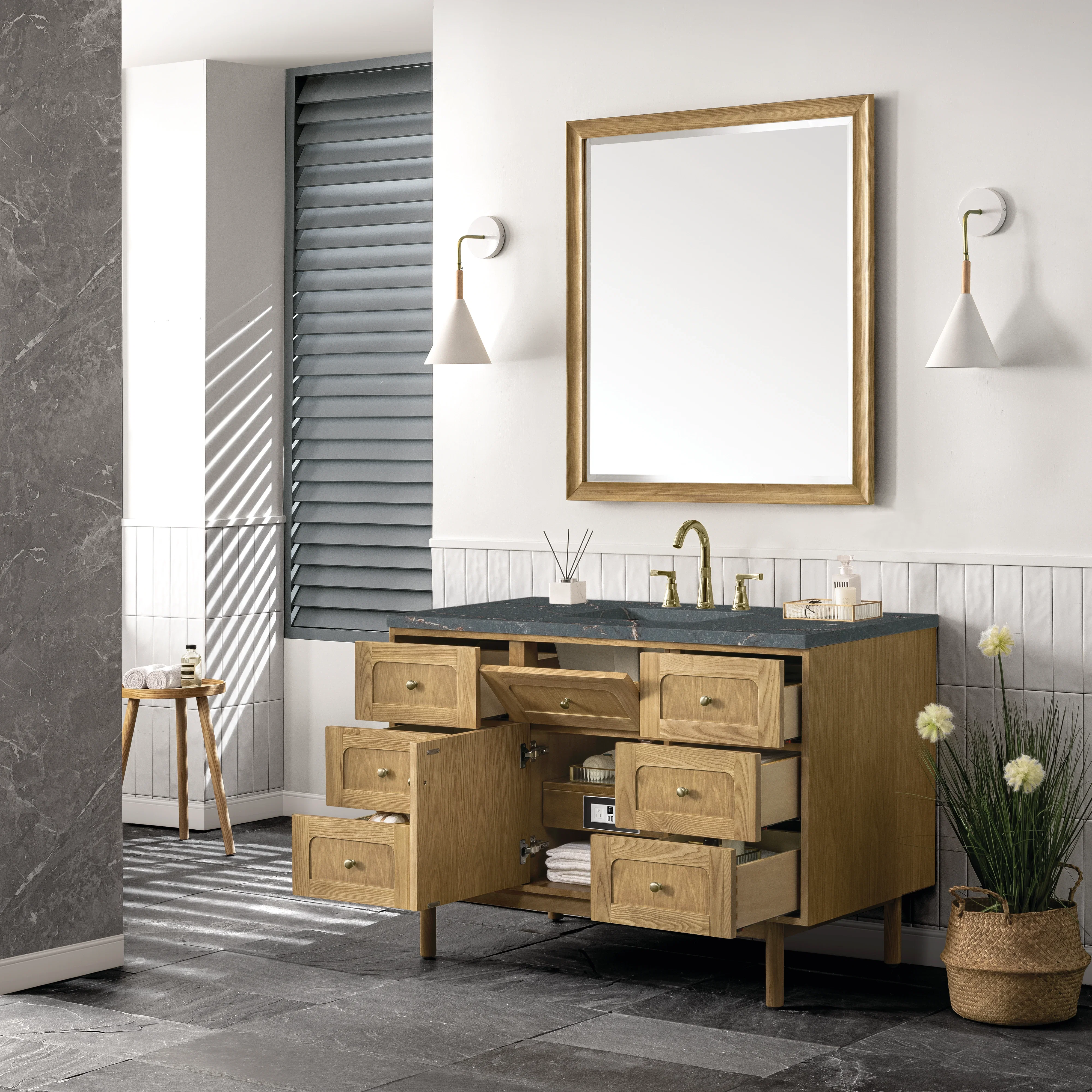 Laurent 48" Single Vanity, Light Natural Oak w/ 3 CM Parisien Bleu Top w/FreePower Wireless Charger