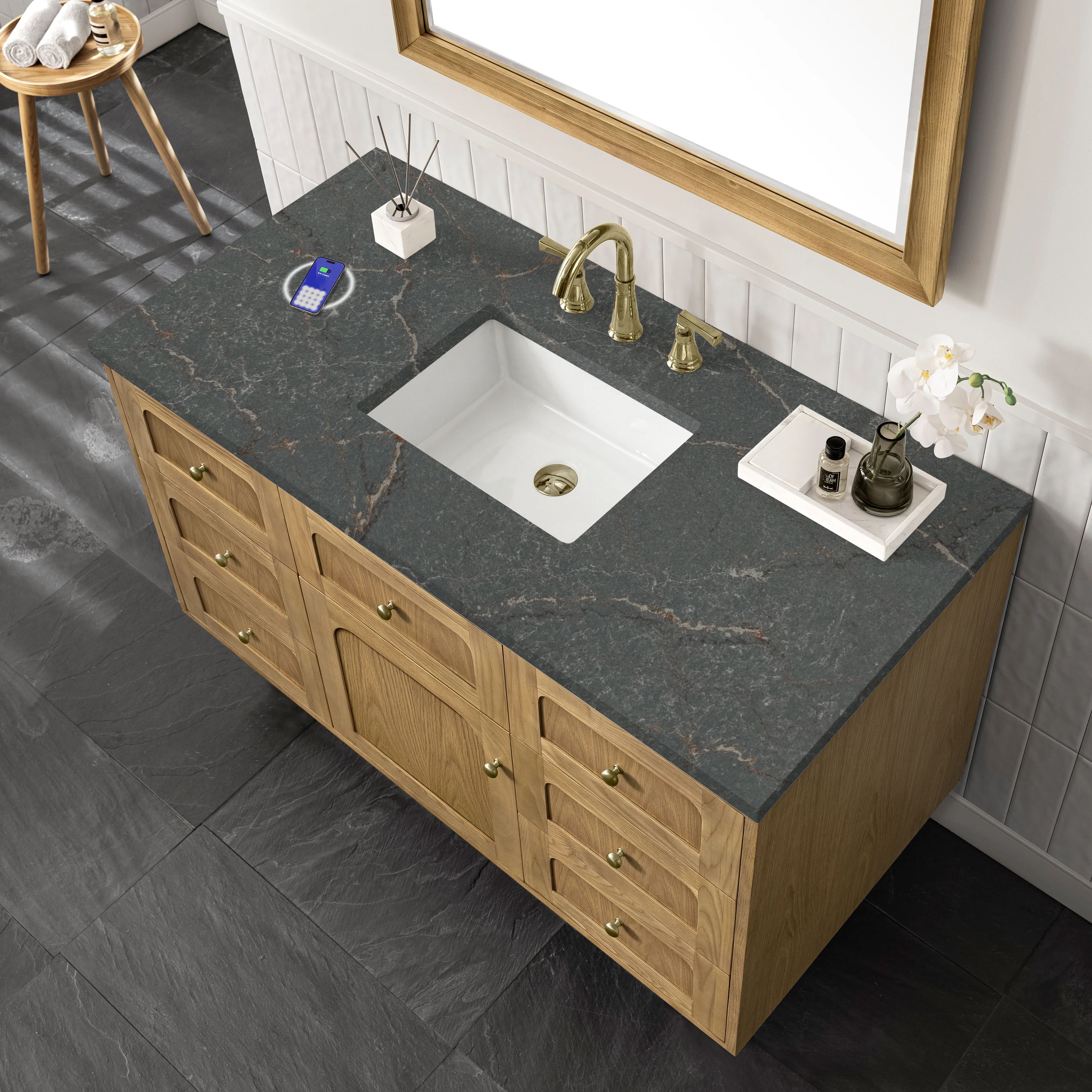 Laurent 48" Single Vanity, Light Natural Oak w/ 3 CM Parisien Bleu Top w/FreePower Wireless Charger