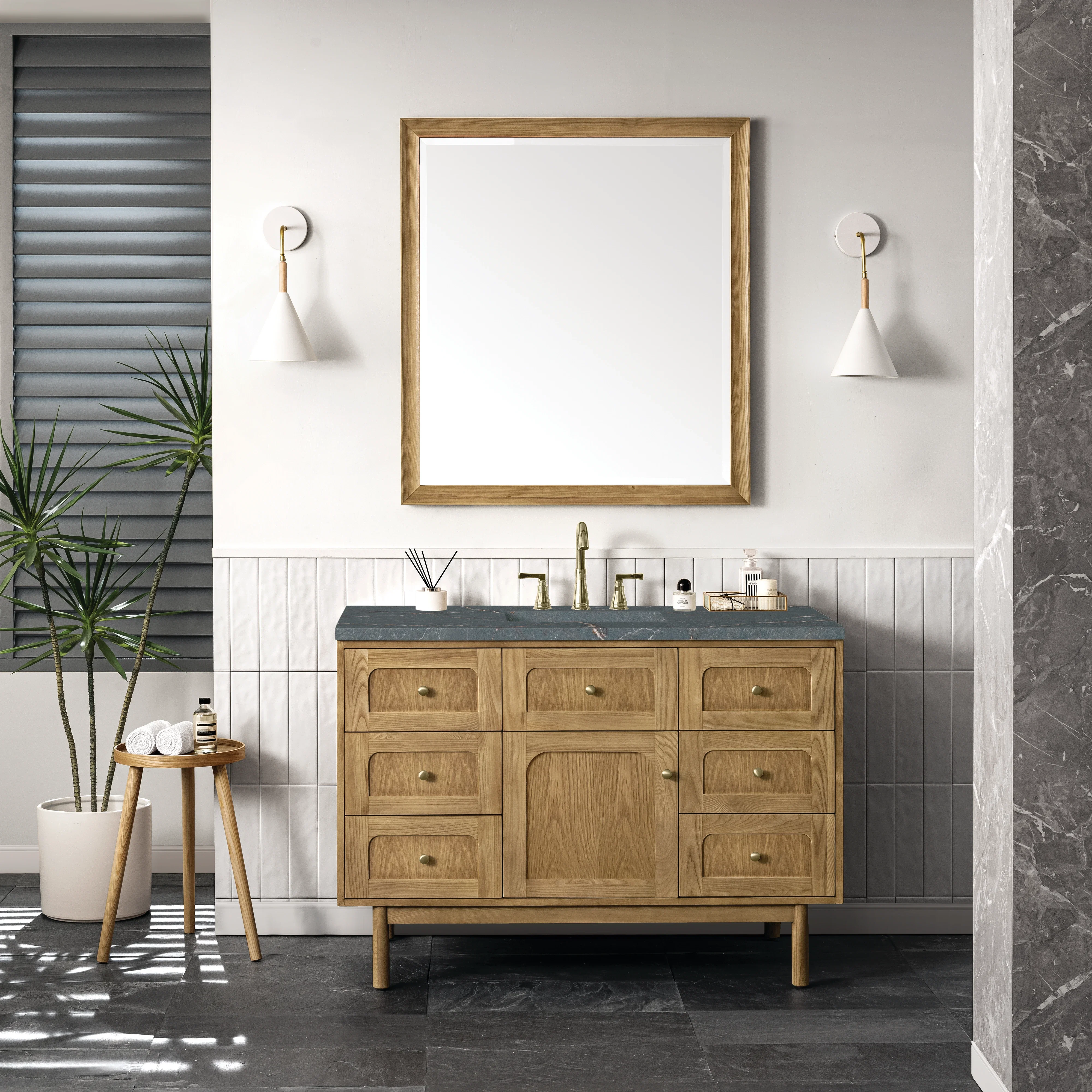 Laurent 48" Single Vanity, Light Natural Oak w/ 3 CM Parisien Bleu Top w/FreePower Wireless Charger