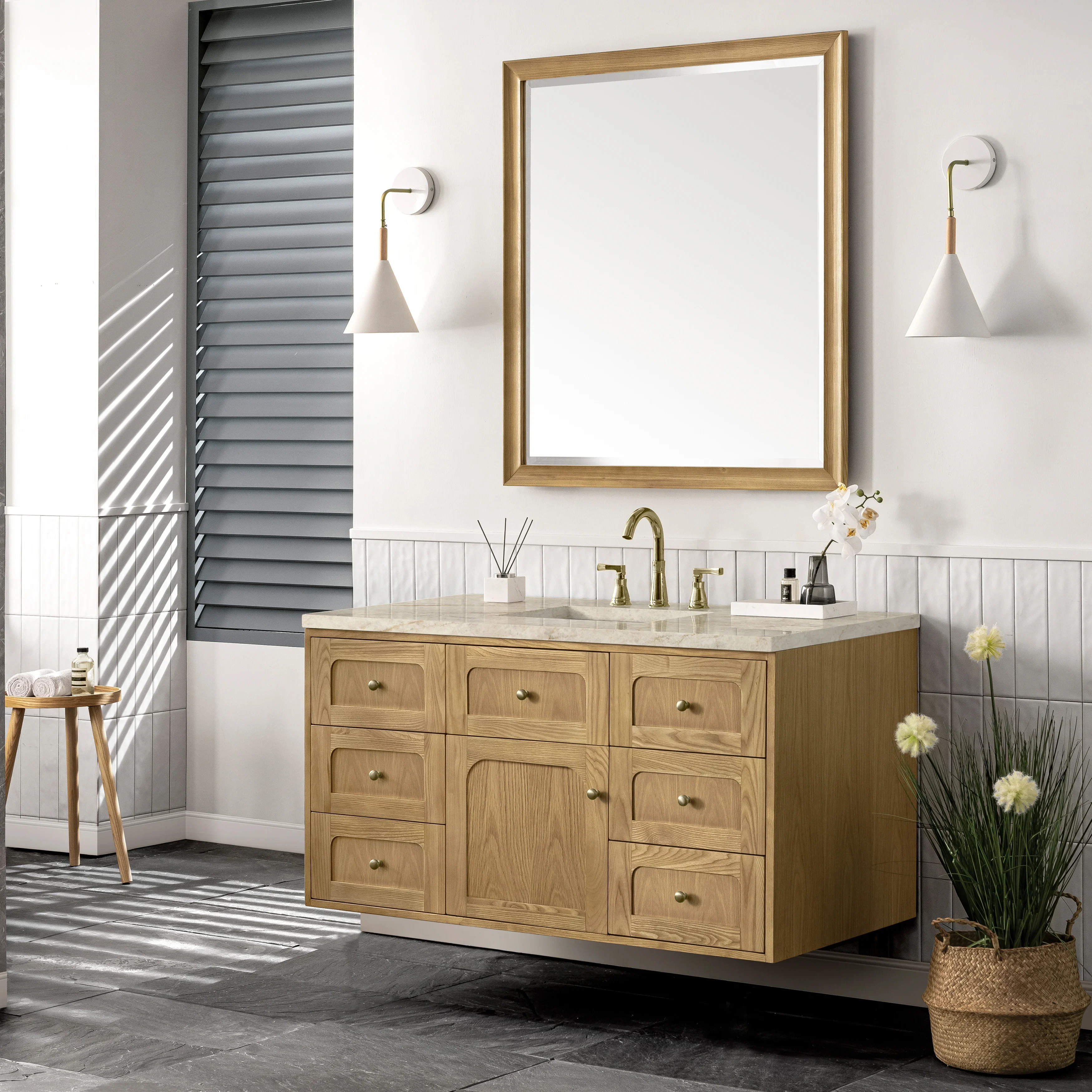 Laurent 48" Single Vanity, Light Natural Oak, w/ 3 CM Tajnar Eclos Top w/FreePower Wireless Charger