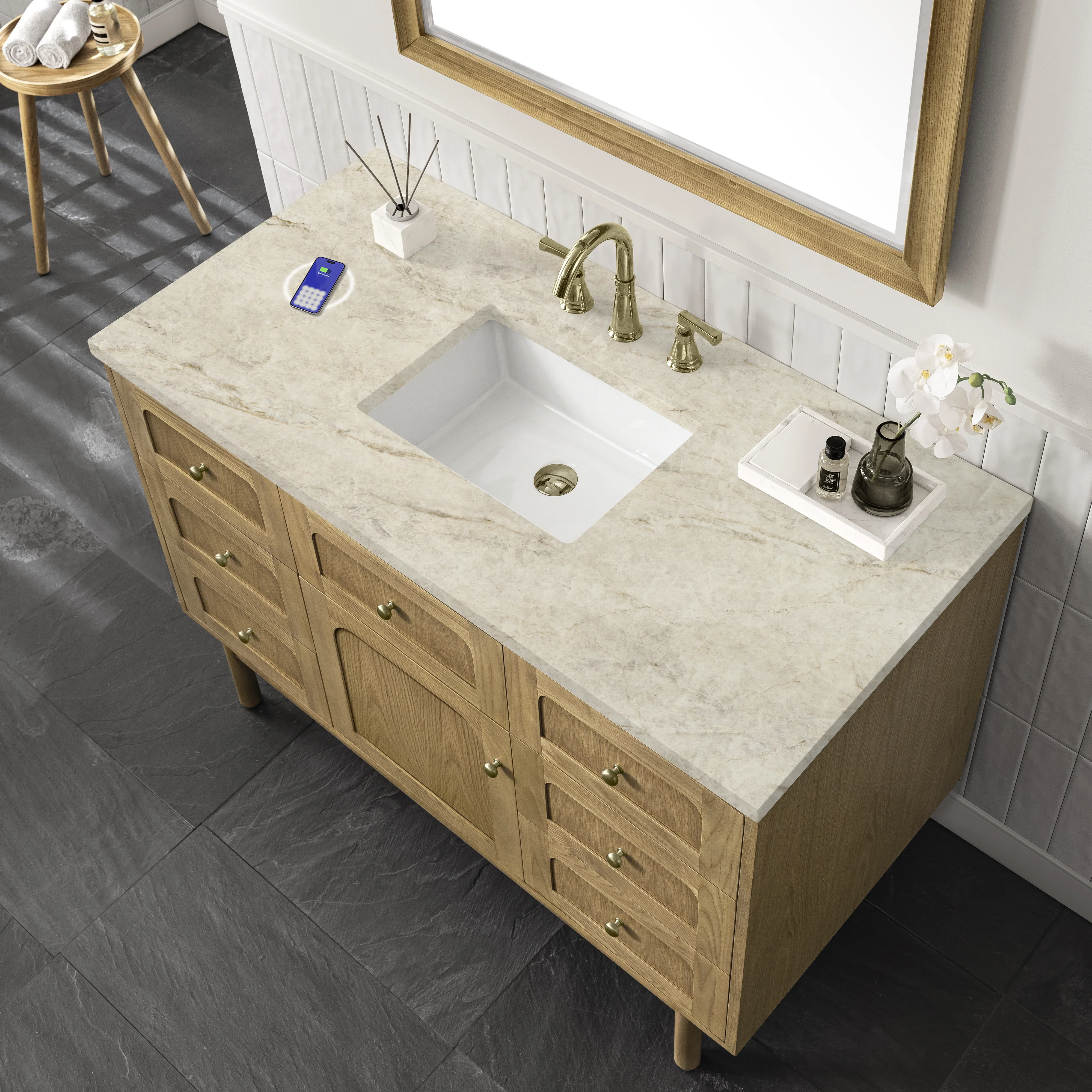 Laurent 48" Single Vanity, Light Natural Oak, w/ 3 CM Tajnar Eclos Top w/FreePower Wireless Charger