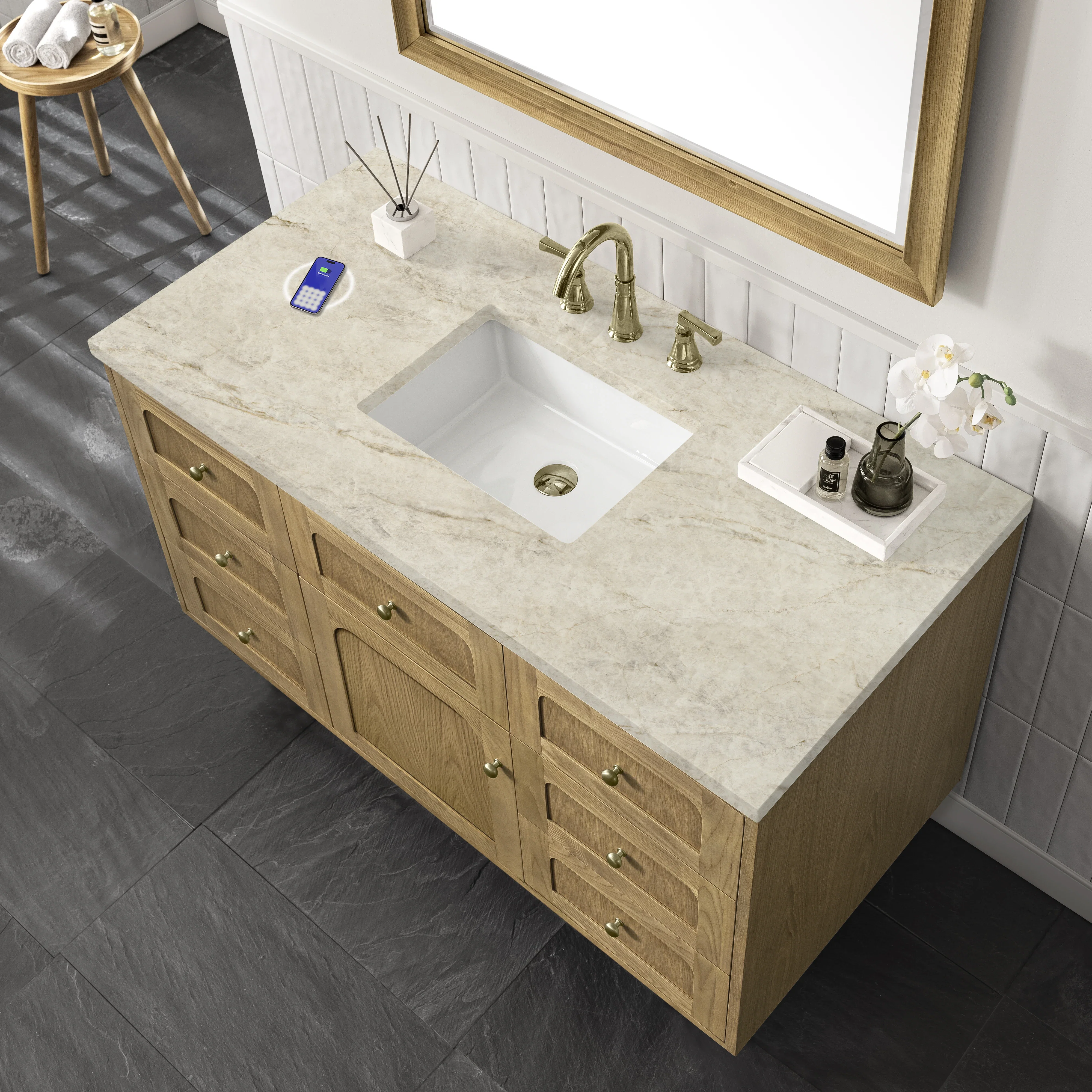 Laurent 48" Single Vanity, Light Natural Oak, w/ 3 CM Tajnar Eclos Top w/FreePower Wireless Charger