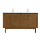 Laurent 60" Double Vanity, Honey Oak w/ Single Hole 3 CM White Zeus Silestone Top and Matching Backsplash