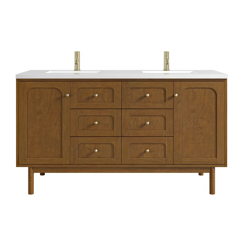 Laurent 60" Double Vanity, Honey Oak w/ Single Hole 3 CM White Zeus Silestone Top and Matching Backsplash