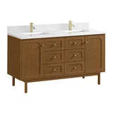 Laurent 60" Double Vanity, Honey Oak w/ Single Hole 3 CM White Zeus Silestone Top and Matching Backsplash