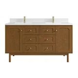 Laurent 60" Double Vanity, Honey Oak w/ Single Hole 3 CM White Zeus Silestone Top and Matching Backsplash