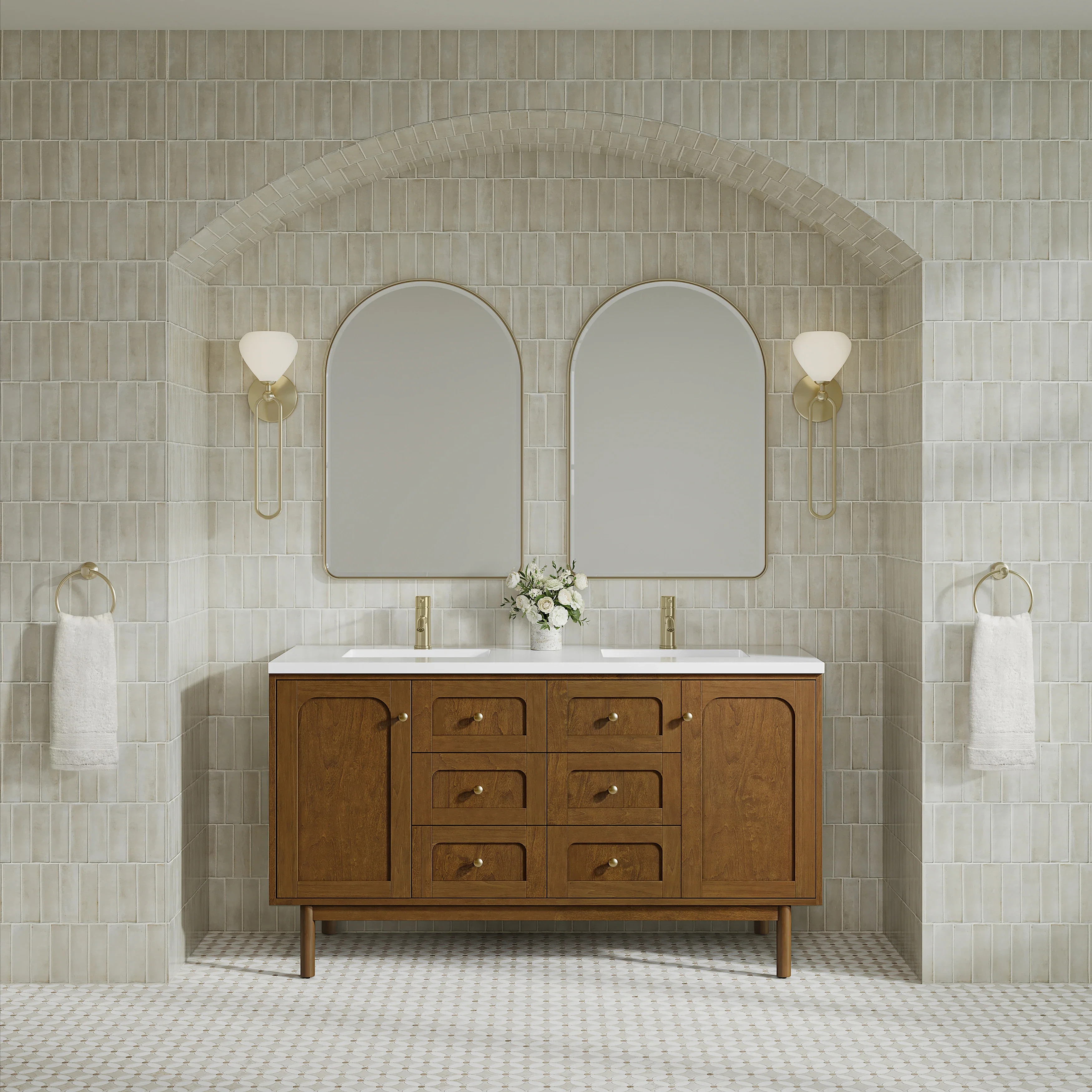 Laurent 60" Double Vanity, Honey Oak w/ Single Hole 3 CM White Zeus Silestone Top and Matching Backsplash