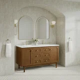 Laurent 60" Double Vanity, Honey Oak w/ Single Hole 3 CM White Zeus Silestone Top and Matching Backsplash