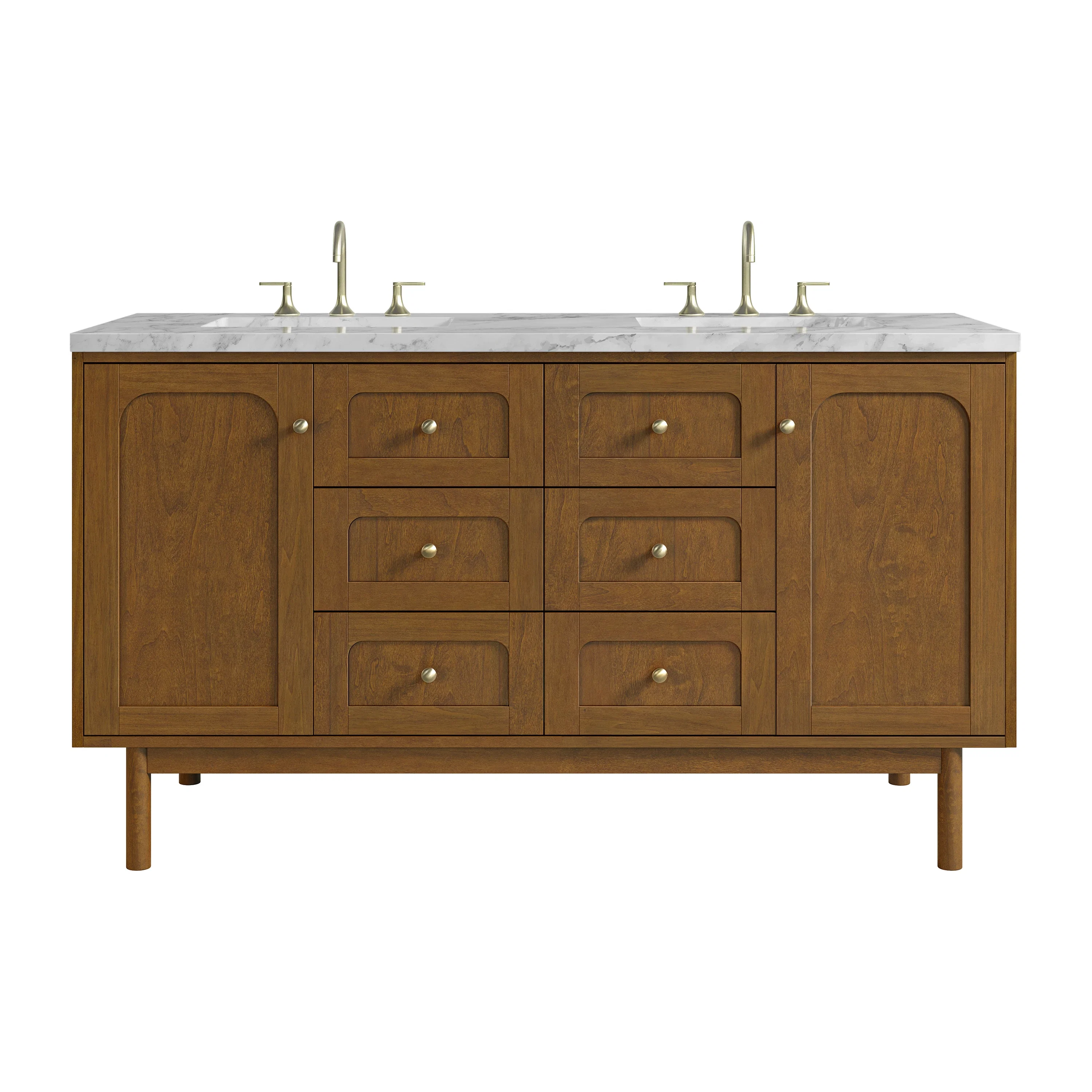 Laurent 60" Double Vanity, Honey Oak w/ 3 CM Carrara Marble Top