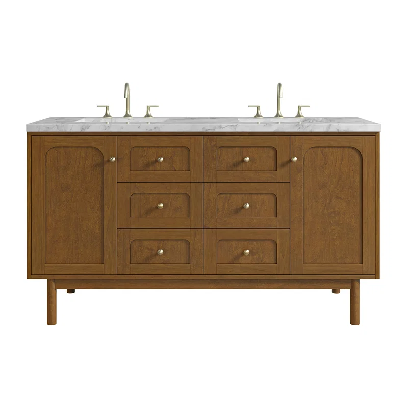 Laurent 60" Double Vanity, Honey Oak w/ 3 CM Carrara Marble Top