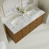 Laurent 60" Double Vanity, Honey Oak w/ 3 CM Carrara Marble Top