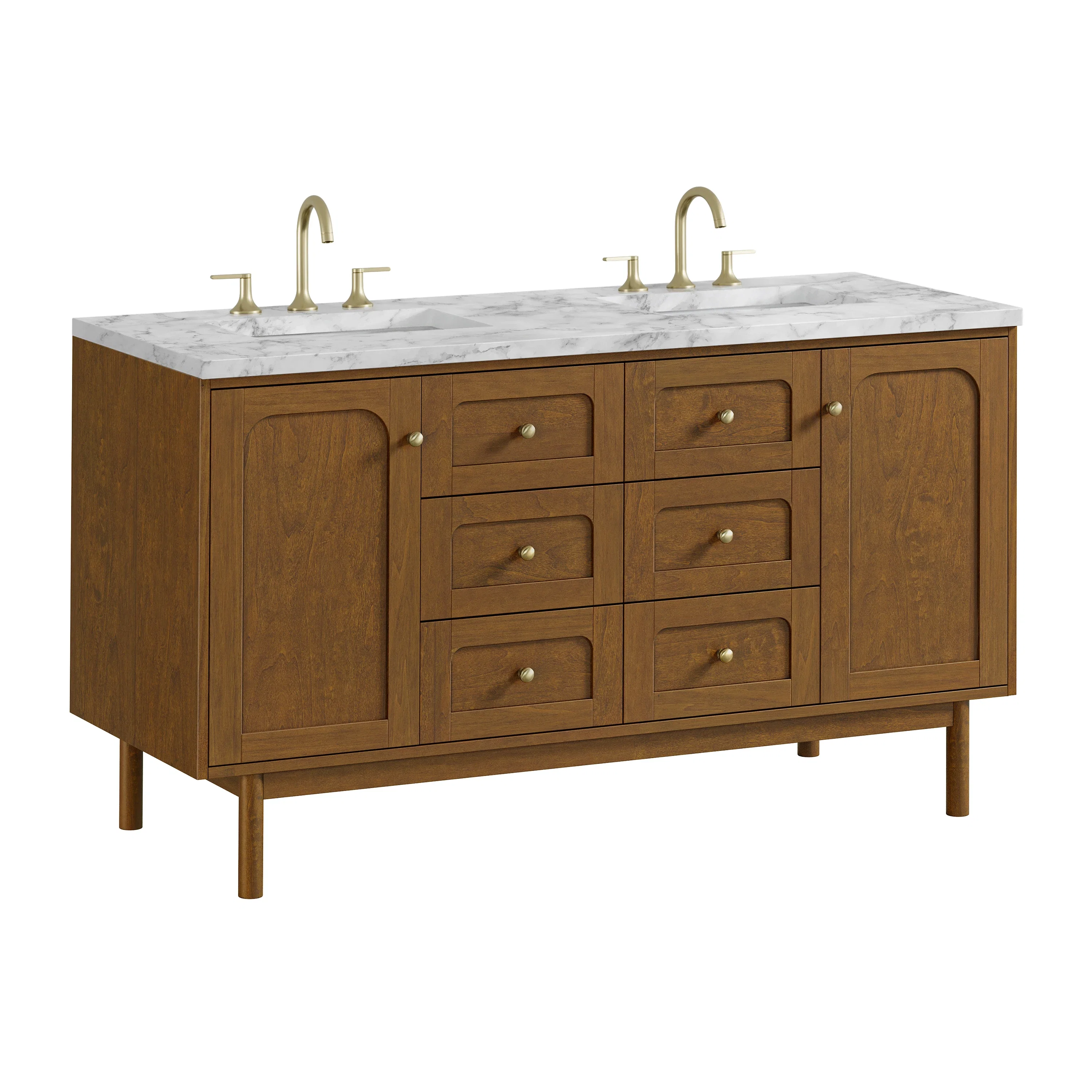 Laurent 60" Double Vanity, Honey Oak w/ 3 CM Carrara Marble Top
