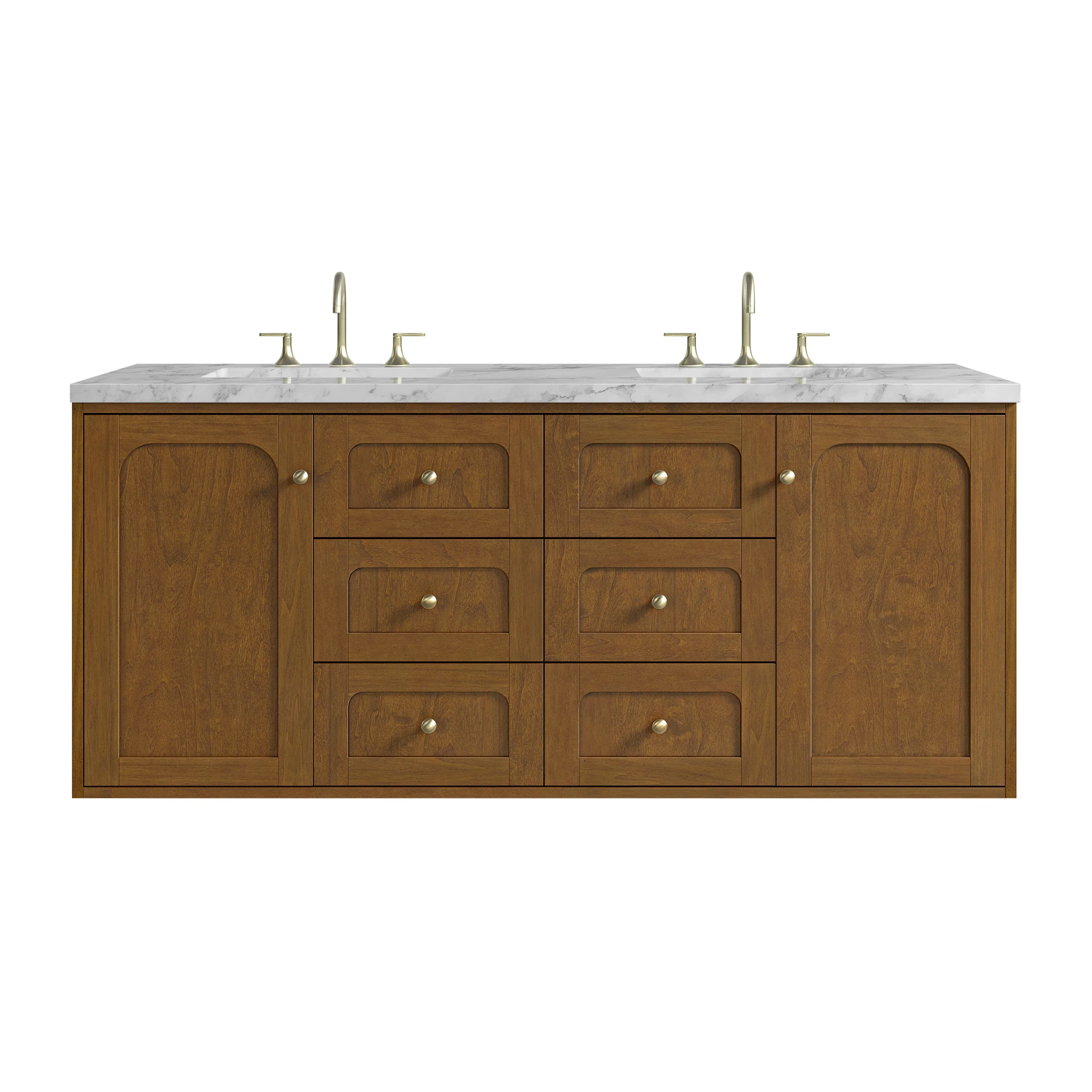 Laurent 60" Double Vanity, Honey Oak w/ 3 CM Carrara Marble Top