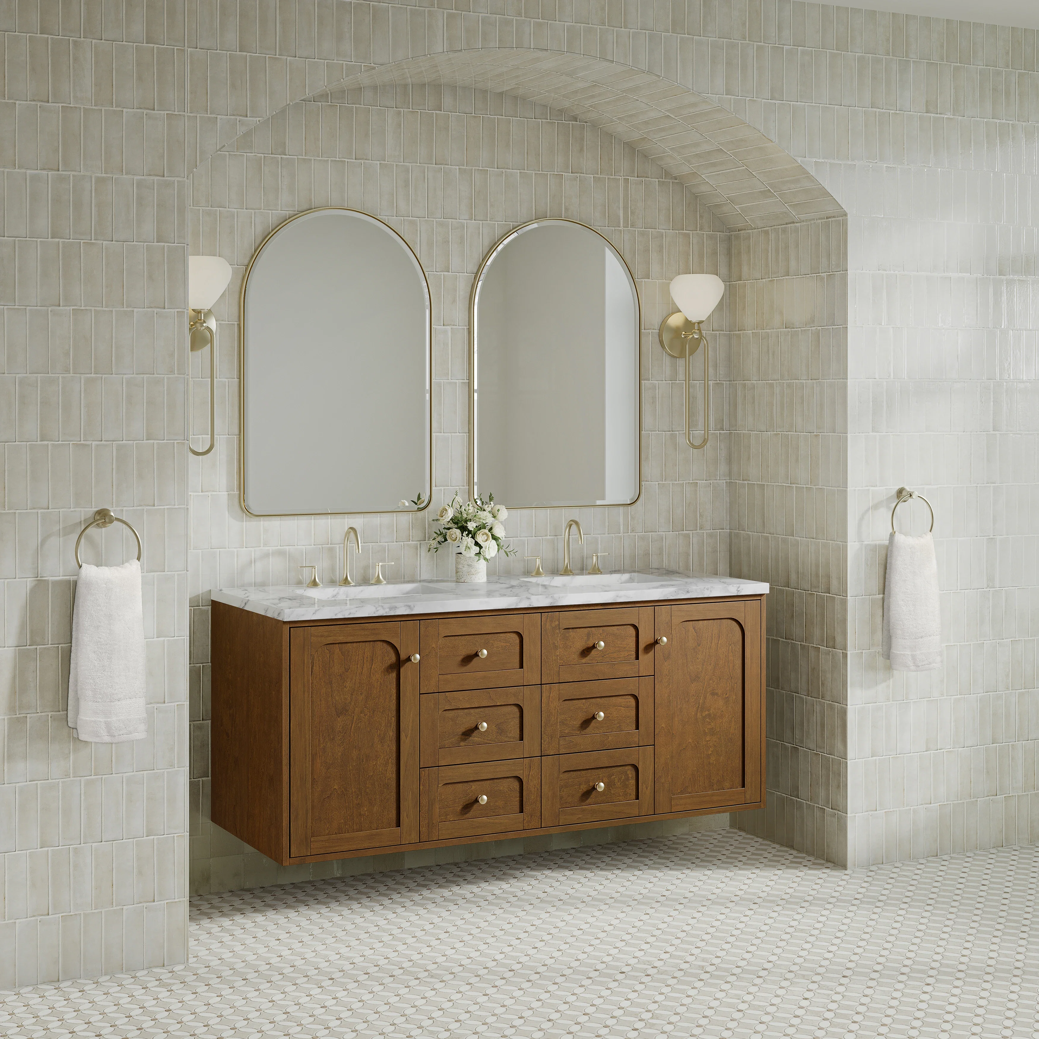 Laurent 60" Double Vanity, Honey Oak w/ 3 CM Carrara Marble Top