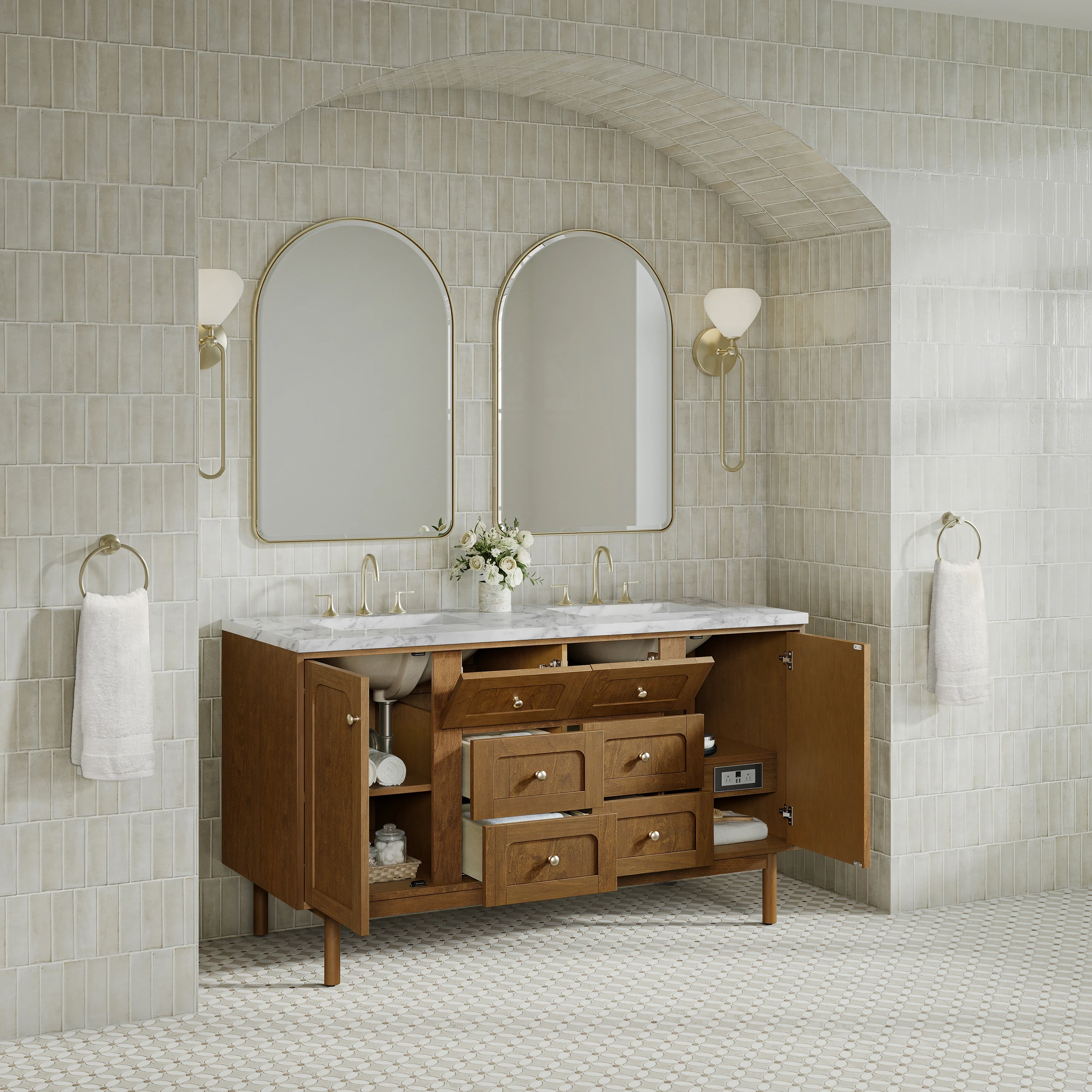 Laurent 60" Double Vanity, Honey Oak w/ 3 CM Carrara Marble Top